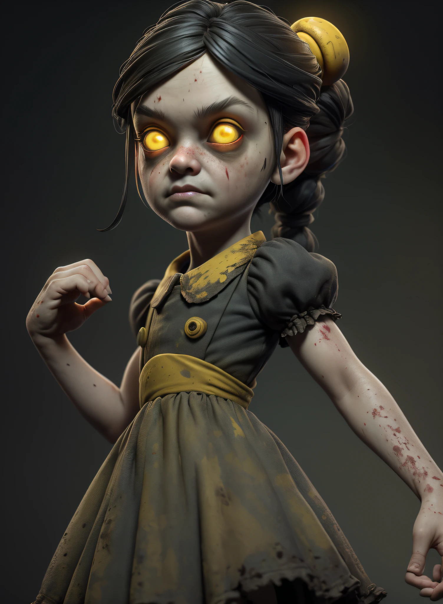 masterpiece, highres, image, best quality, 8k, best quality, ultra-detailed,1girl, , 6 yearso, 1girl, lilsis, dirty, blood, muddy dress, black hair, dress, horror \(theme\), solo, yellow eyes, dark, yellow sclera, glowing eyes, creepy, haunted house background