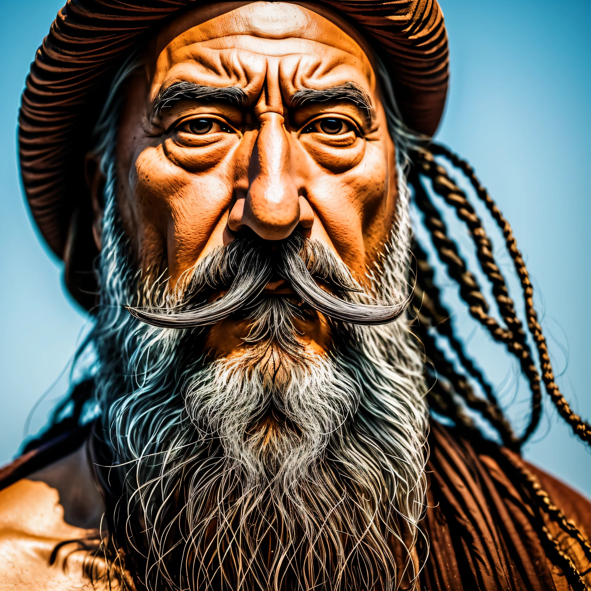 a close up of a statue of a man with a long beard, masculinidade, wise old man, Chinese, confucius and jury trial, wise old indian guru, Taoism, sexy, alan moore is angry about you, Guan Yu, Wise, no less,foto real, foto 8k, imagem8k, baixa luminosidade, luzes mais baixas, sedutor e poderoso, mais intenso, masculinidade dada forma, inspirational quote, Asian man, inspirado em Wu Bin --auto
