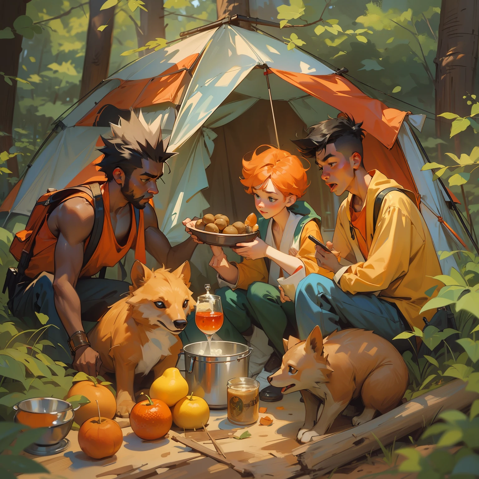 Realistic, (masterpiece, top quality, best quality, official art), very detailed, most detailed, pokemon world, 3 people camping in forest, one dark skin man cooking on camp fire , white man with spiked black hair, and one ((ginger woman)), big yellow quokka with red cheek playing eating a fruit, man using red shirt, beige backpack, spiky haircut, camp, colorful, oil painting, Leyendecker, John Singer Sargent, film grain, Fujifilm XT3