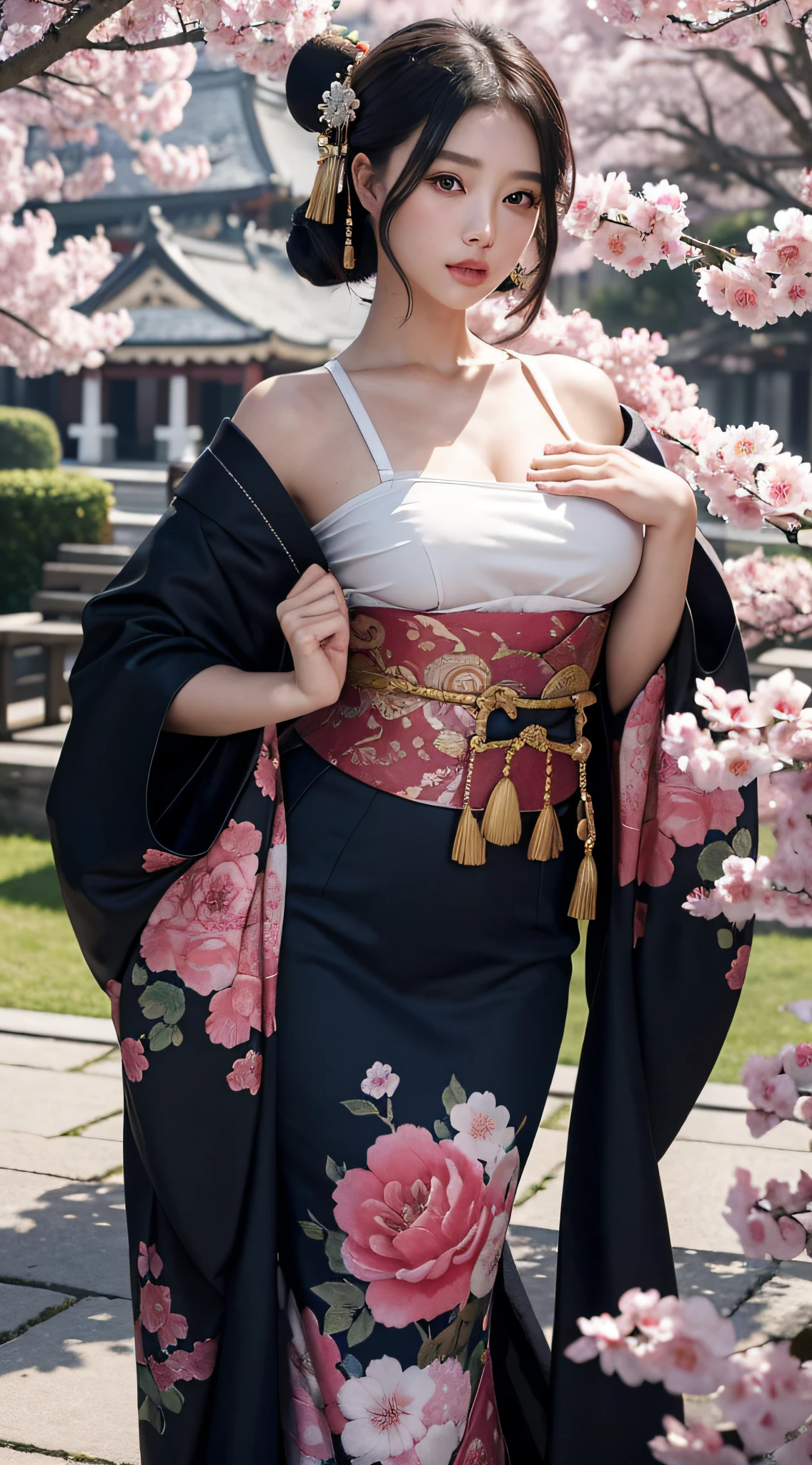 (Top image quality、8k、masuter piece:1.3))、(Realistic:1.2)、(1girl in)、28 year old、Cherry blossoms and roses around、Shoulders are protruding、（huge tit）、body with constriction、(Deities々Bright luxury kimono:1.2)、long kimono、(Oiran:1.3)、Straight black hair、Delicat eyes、二重まぶた、Soft breasts、delicated face、morning、(Looking at the castle town from the castle)、full bodyesbian