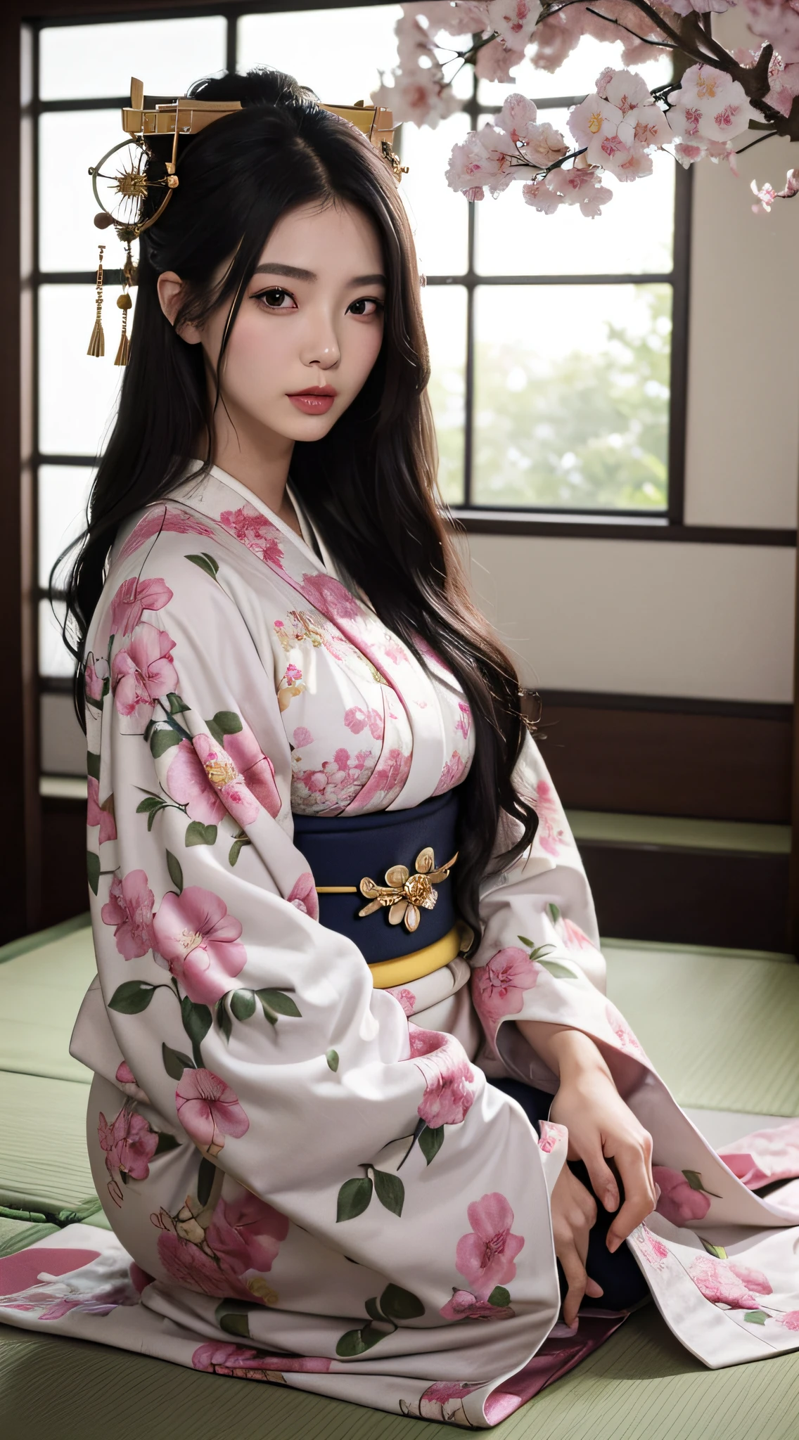 (Top image quality、8k、masuter piece:1.3))、(Realistic:1.2)、(1girl in)、28 year old、Cherry blossoms and roses around、Shoulders are protruding、(huge tit)、body with constriction、(Deities々Bright luxury kimono:1.2)、(rubbing eyes)、sleepy、Get up from the futon、long kimono、(Oiran:1.3)、Straight black hair、Delicat eyes、二重まぶた、Soft breasts、delicated face、morning、full bodyesbian