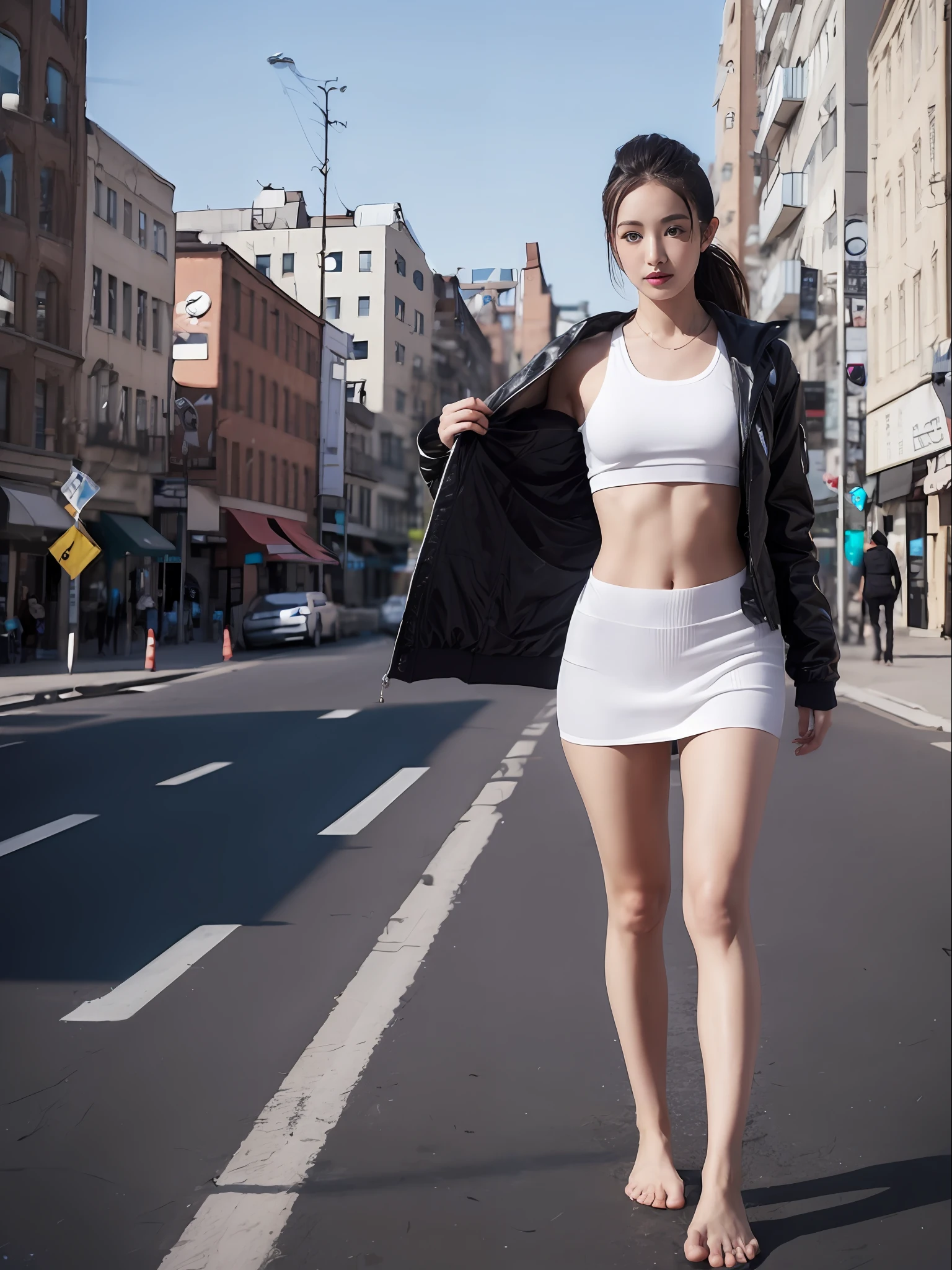 Giant Akari in crop top and jacket, Barefoot, athletic bodies, gts city, city buildings, Smoke, Evil