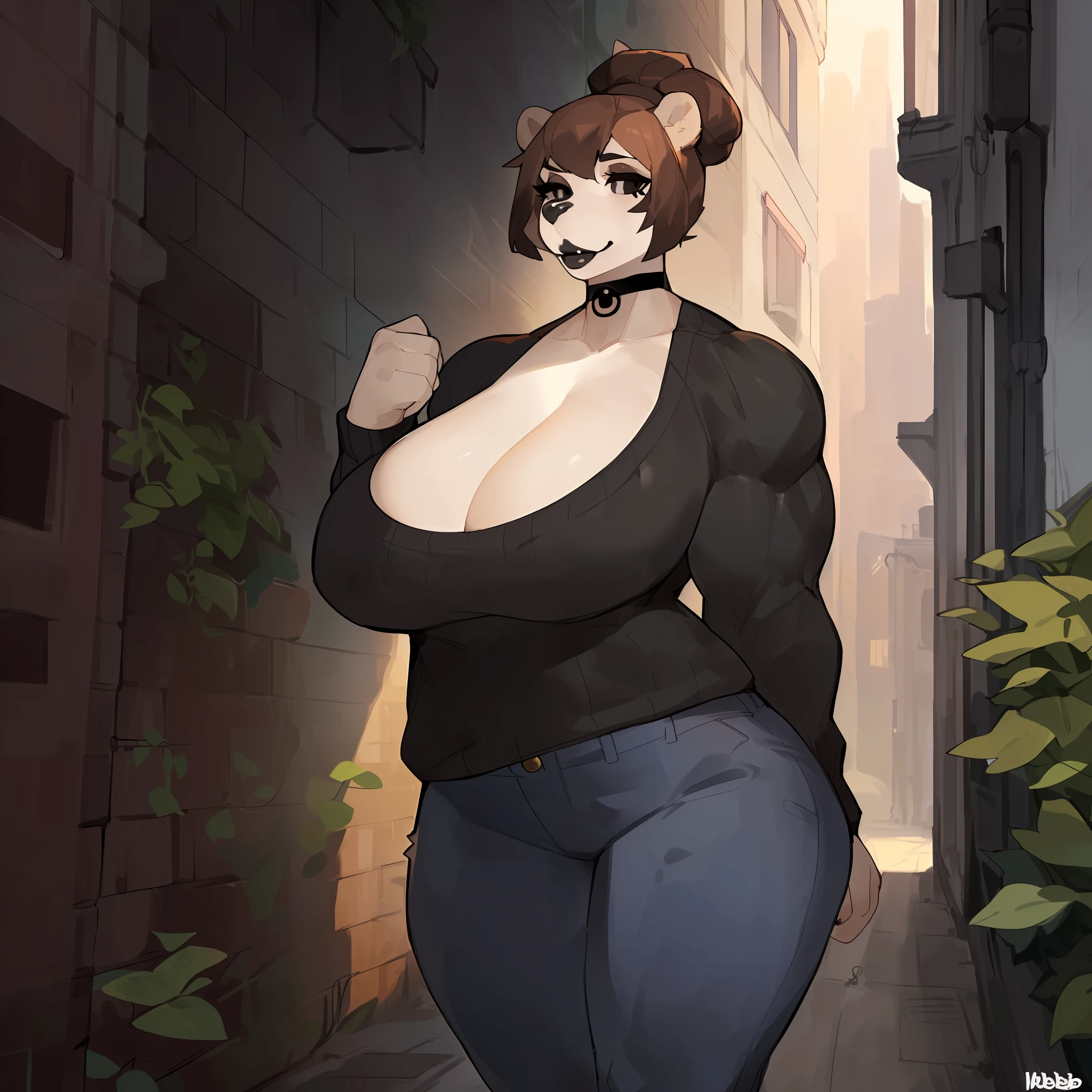 Solo, female, (((by bebebebebe))), standing, (((muscular, giant, enormous, wide, broad, thick, massive, tall, powerful, biceps))), big breasts, bear, brown hair, hair bun, alleyway, plants, choker, nose piercing, (((black eyeliner, black mascara, think eyelashes, big lips, black lip gloss))), tight jeans, sweater, cleavage