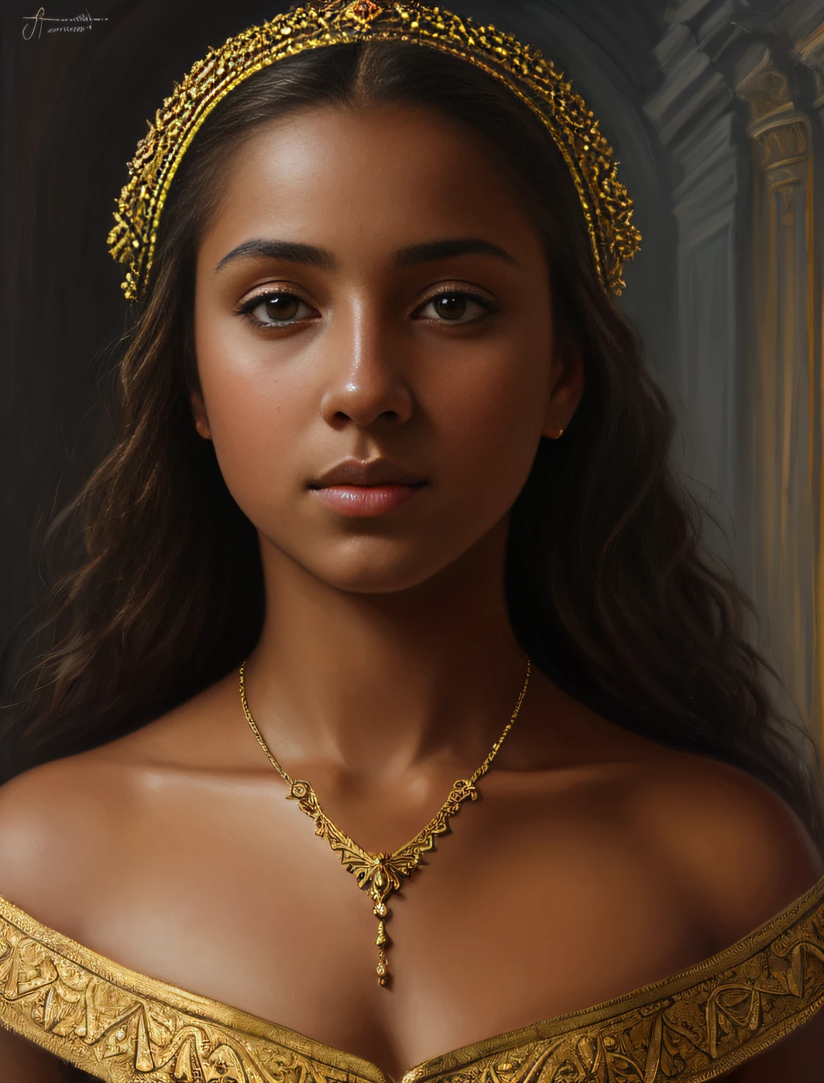 portrait, girl, middle ages, classicism, andrey atroshenko style, painting, traditional media, realistic, detailed symmetric eyes, detailed gorgeous face, figurative, fine art, oil on canvas, HDR, 8K, original character, high resolution, high detail, focus on the face,african,dark skin