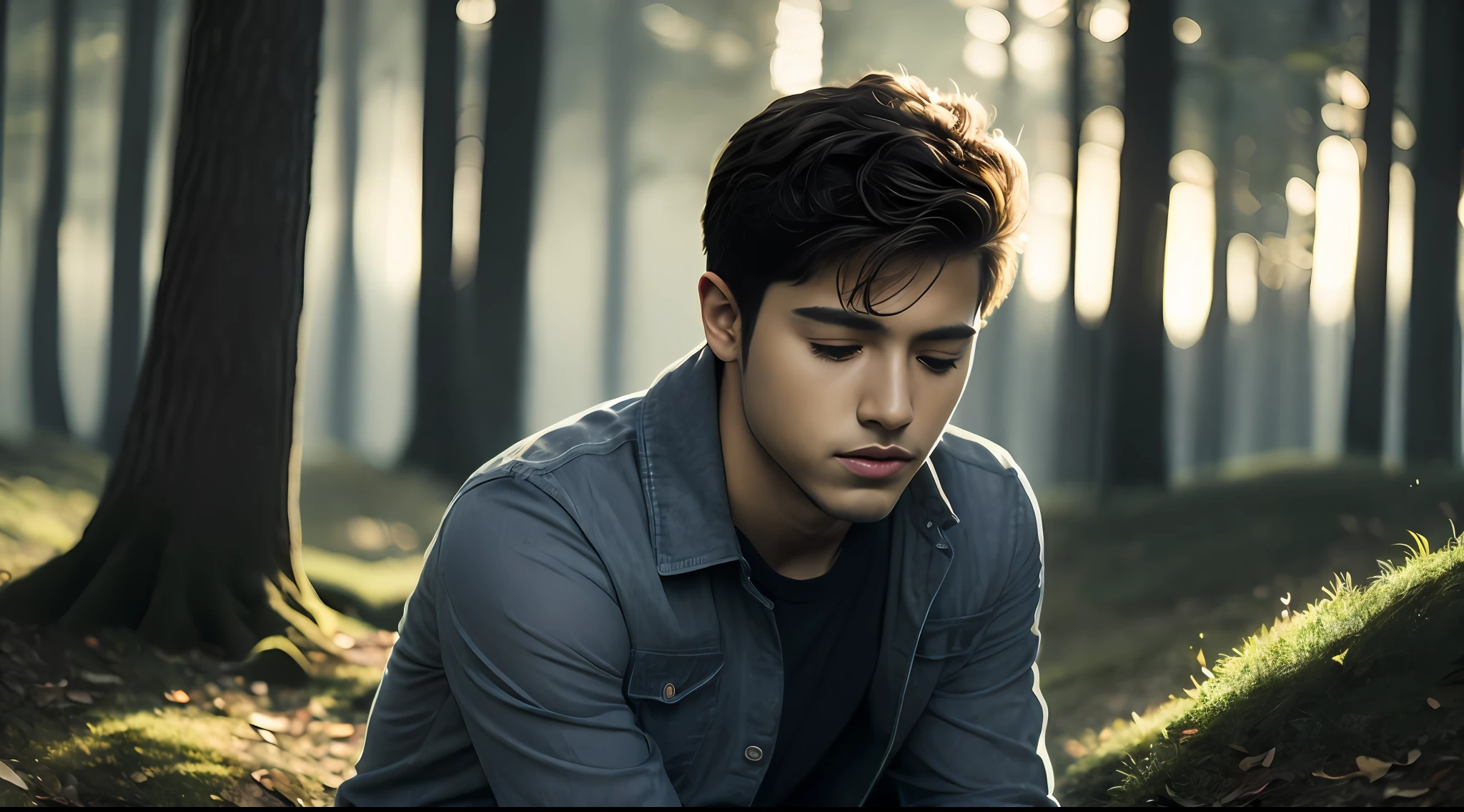 close-up shot of plain-looking sertanejo named Gabriel, simple clothes, on his knees, eyes closed, looking very handsome in the woods, soft volumetric lights (backlight: 1.3), (Cinematics: 1.2), intricate details (season works of art: 1.3), Rutkowski