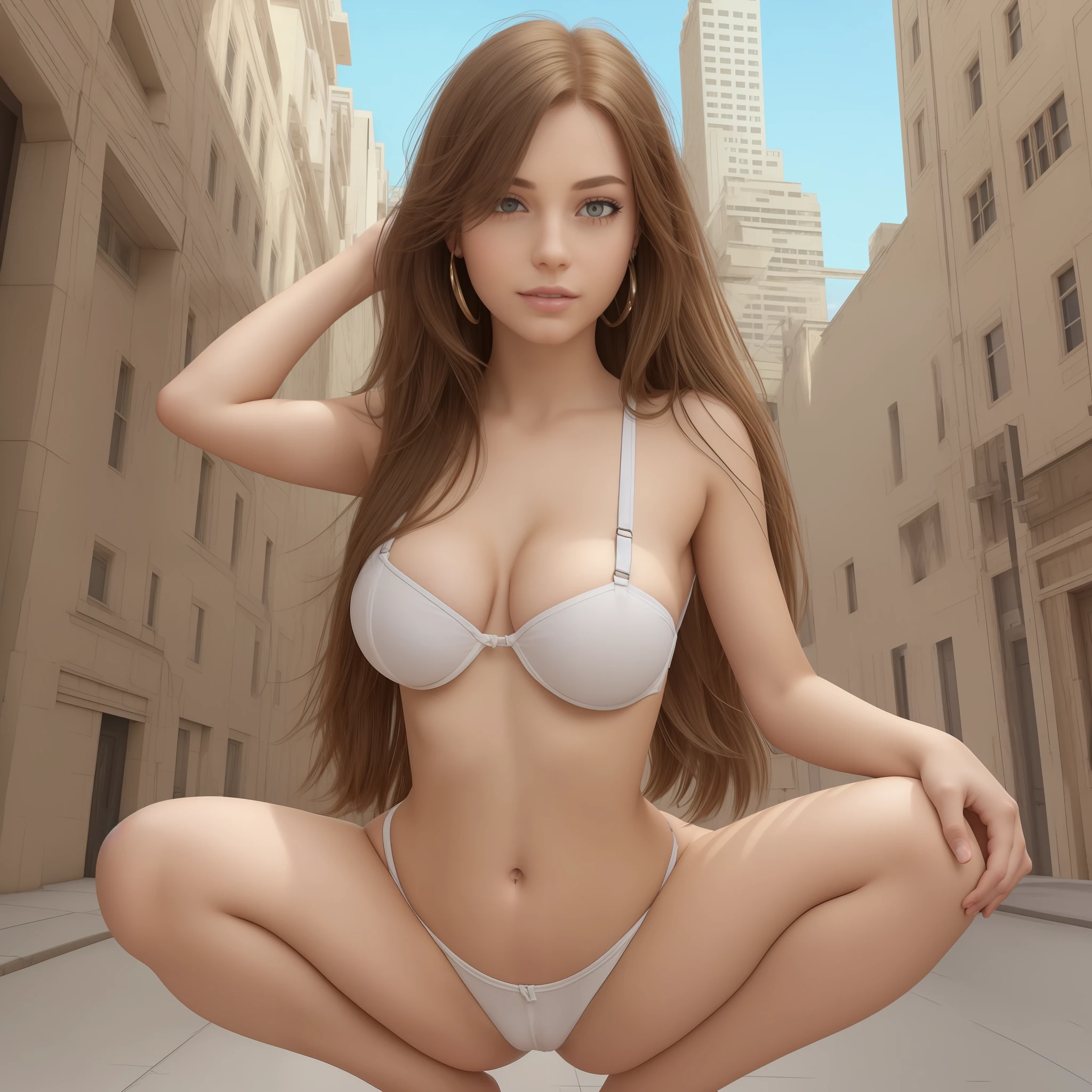 ((best quality, 8k, masterpiece: 1.3)), sharp: 1.2, perfect body beauty: 1.4, slender abs: 1.2, ((layered hairstyle, big breasts: 1.2)), (bandeau dress white: 1.1 ), city streets: 1.2, highly detailed facial and skin textures, detailed eyes, double eyelids, long brown hair, thin dress, hands behind, squatting, slightly revealing panties, revealing cleavage.