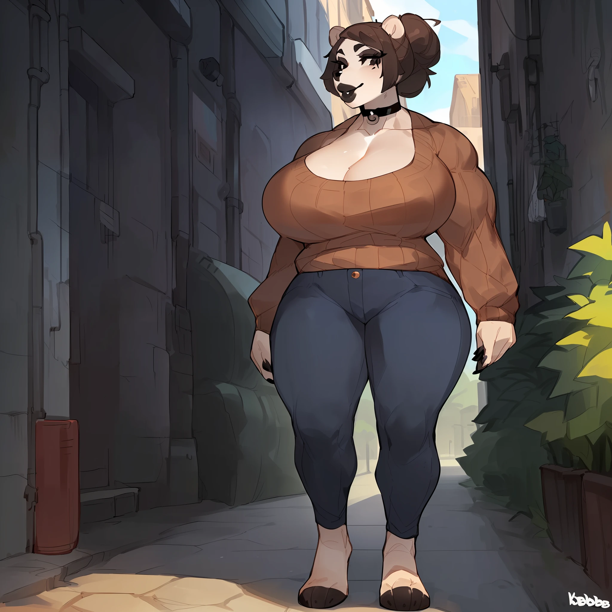 Solo, female, (((by bebebebebe))), standing, (((muscular, giant, enormous, wide, broad, thick, massive, tall, powerful, biceps))), big breasts, bear, brown hair, hair bun, alleyway, plants, choker, nose piercing, (((black eyeliner, black mascara, think eyelashes, big lips, black lip gloss))), tight jeans, sweater, cleavage