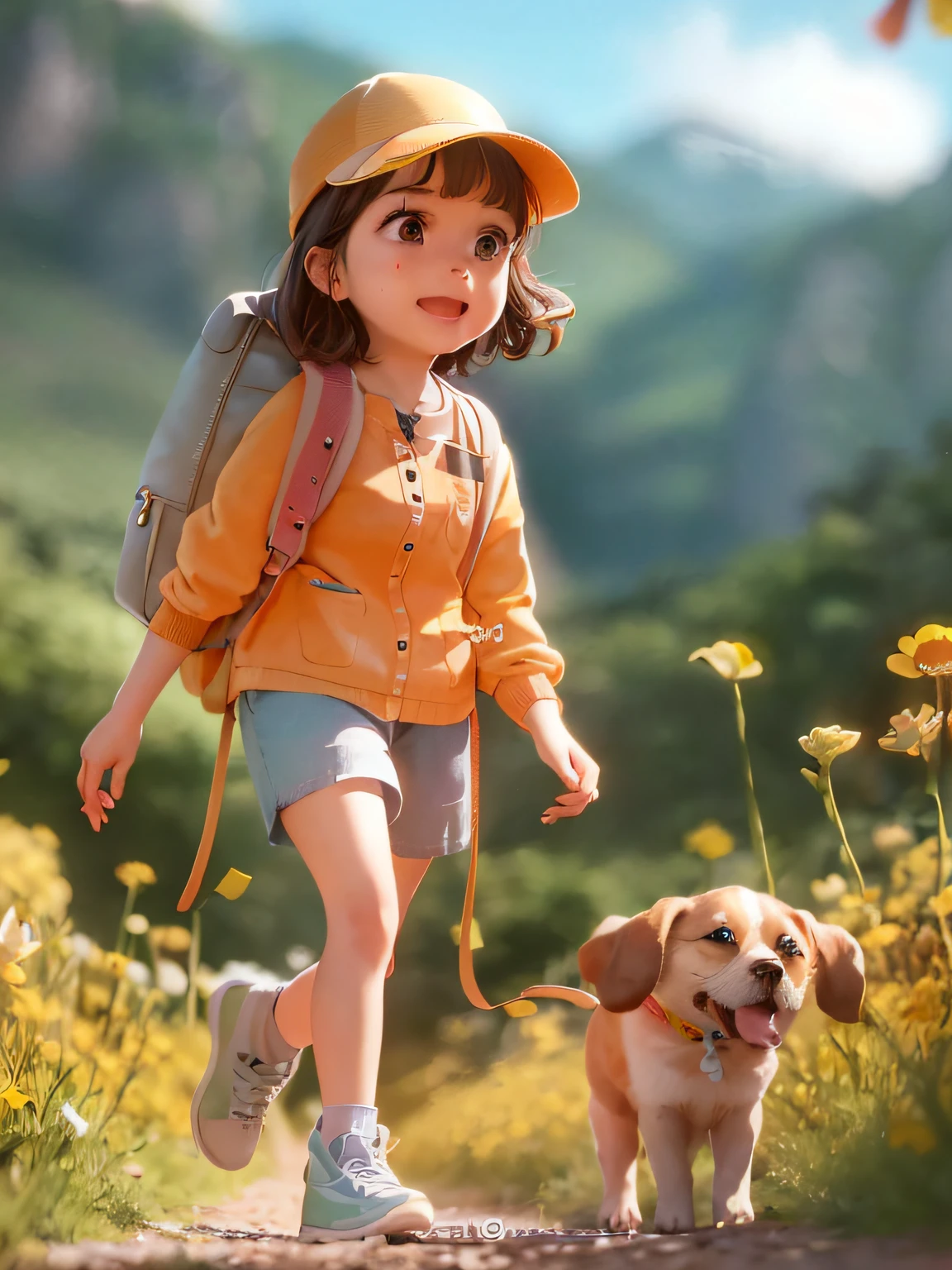 Prompt: Um garotinho incrivelmente charmosa carregando uma mochila, accompanied by her adorable puppy, enjoying a lovely spring walk surrounded by beautiful yellow flowers and natural landscapes. The illustration is in high definition in 4k resolution, com recursos faciais altamente detalhados e visuais em estilo cartoon.