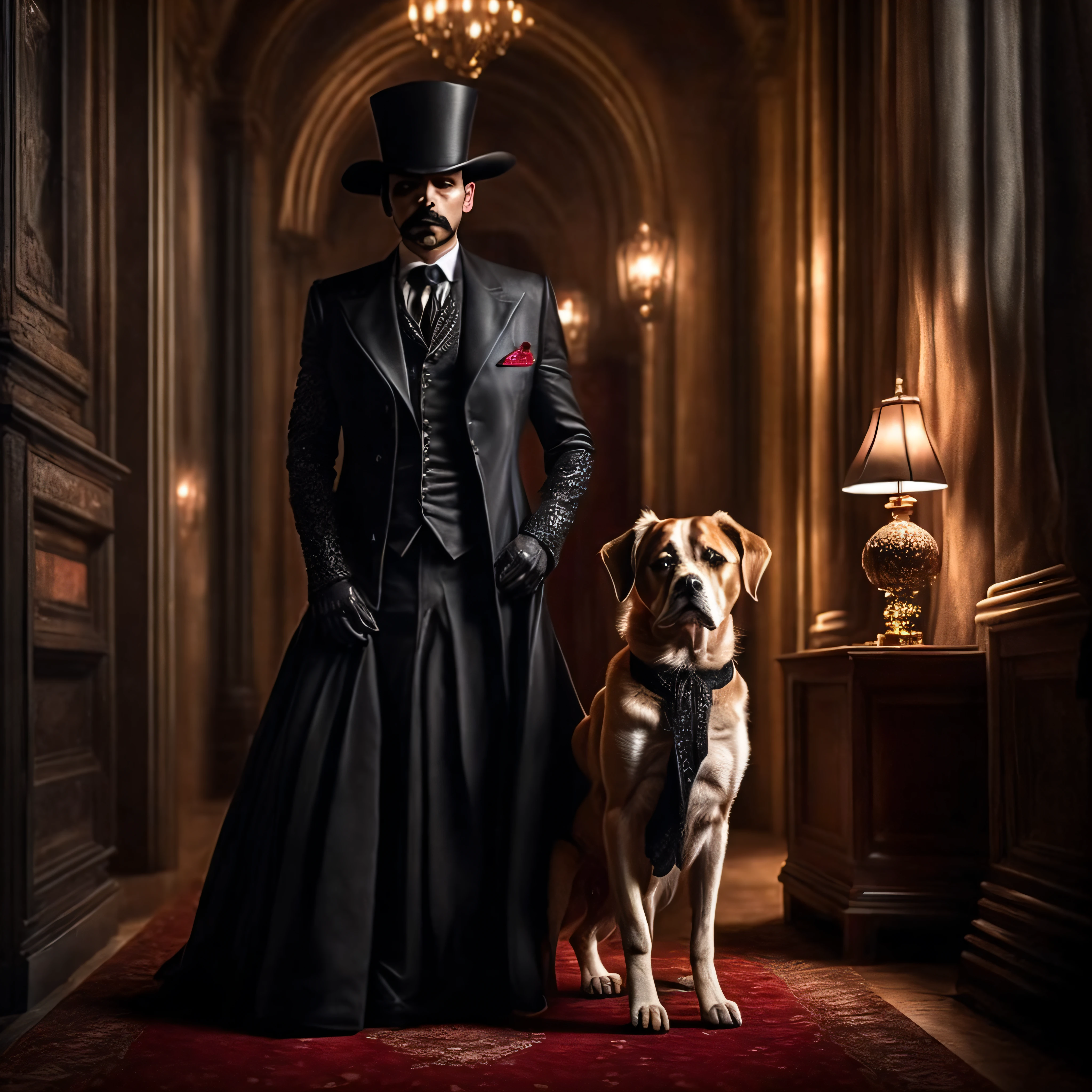 mafioso elegante, vestido de preto, caminhando com seu cachorro pela cidade escura e chuvosa., corpo inteiro, olhar misterioso, qualidade excepcional.
