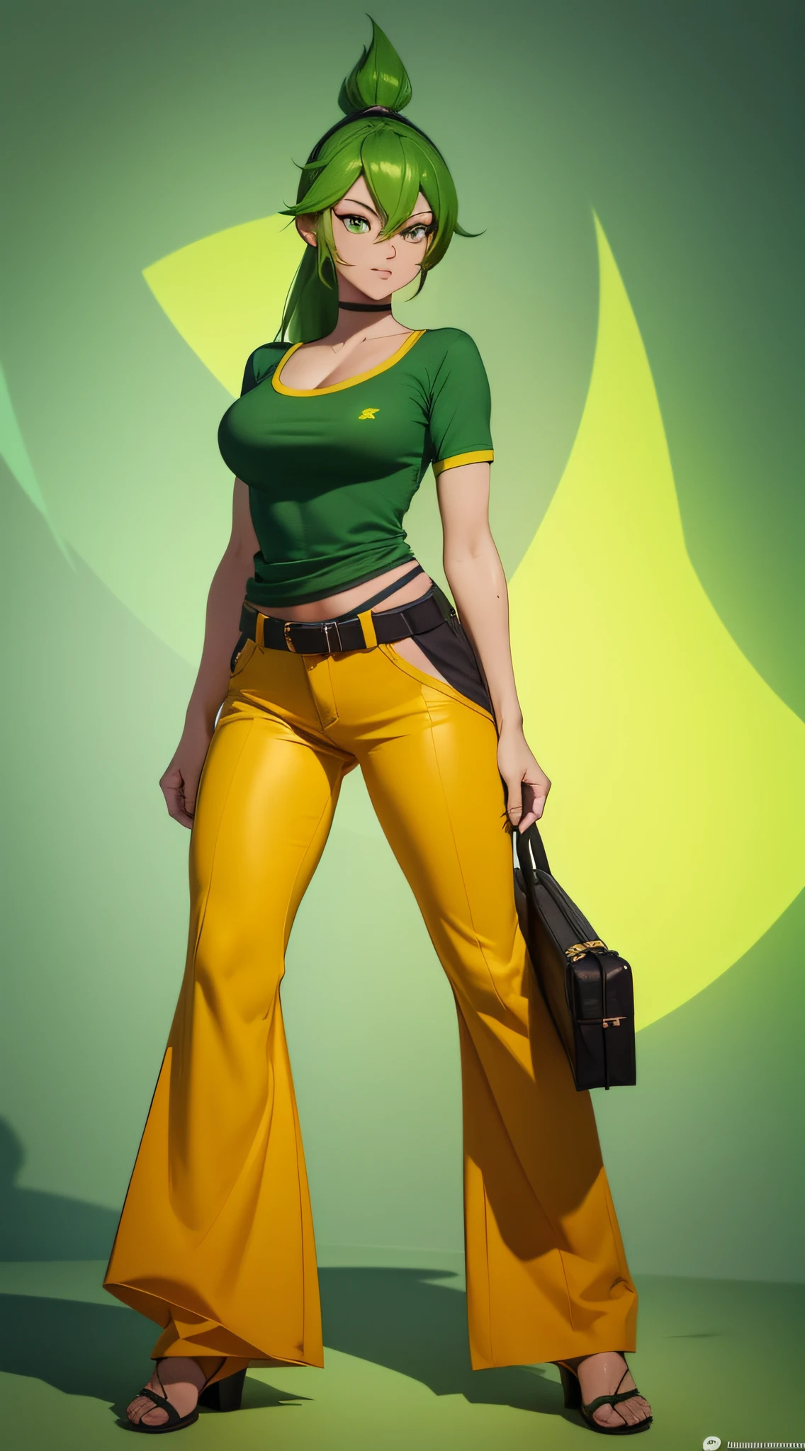 a close up of a cartoon character wearing a green shirt and yellow pants, character posing for concept art, unrealistic character concept, realistic character concept, video game character concept, detailed full body concept, full body character concept, detailed full body concept art, concept art character modeling, character full body portrait, 2 d render, full body concept, full body character concept art