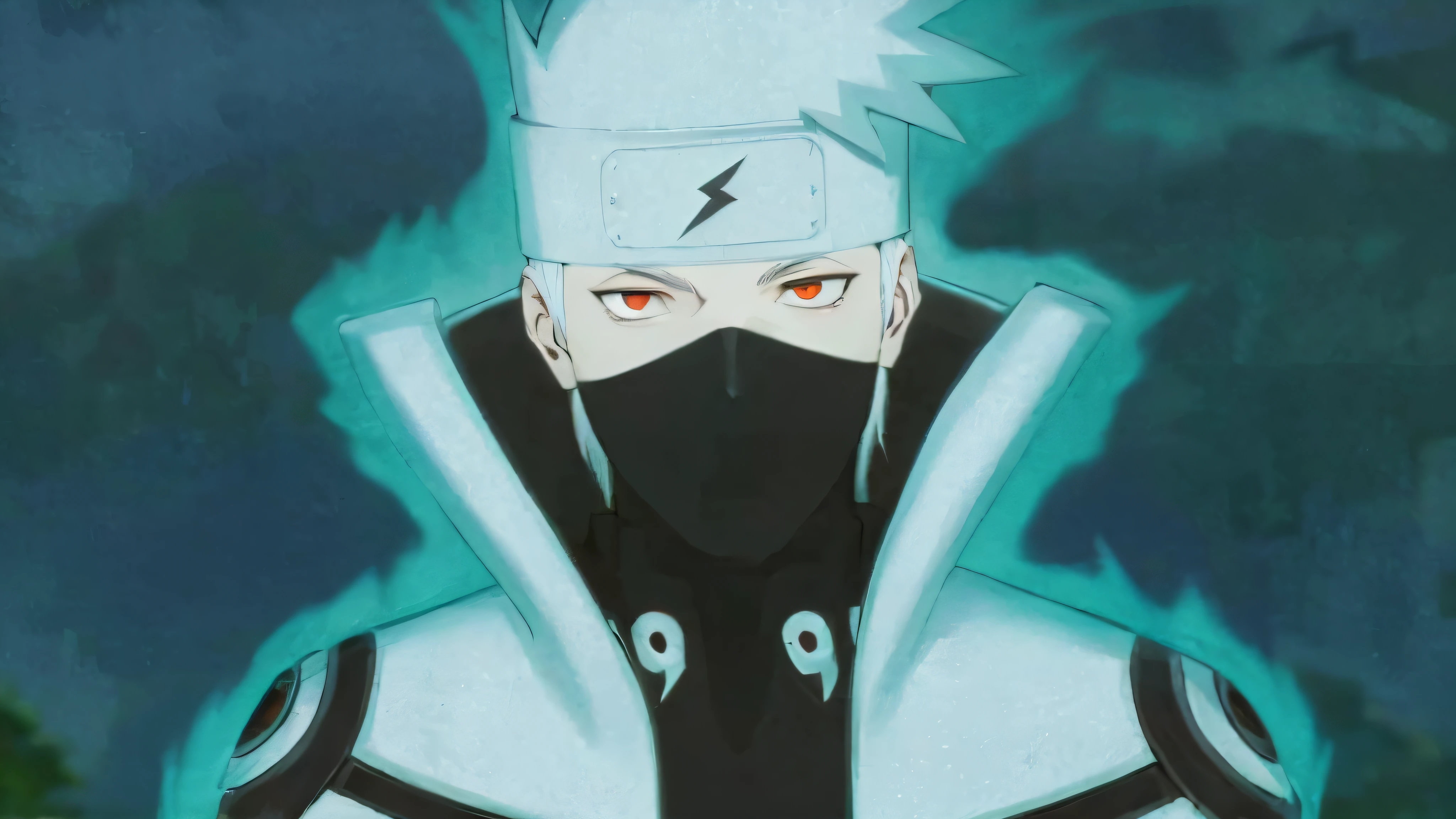 (absurdos, highres, ultra detalhados), obra-prima, melhor qualidade, 1man, roupa preta vibrante, segurando duas espadas, cabelo branco espetado olhos vermelhos, black mask, colete tatico militar azul escuro com um manto preto