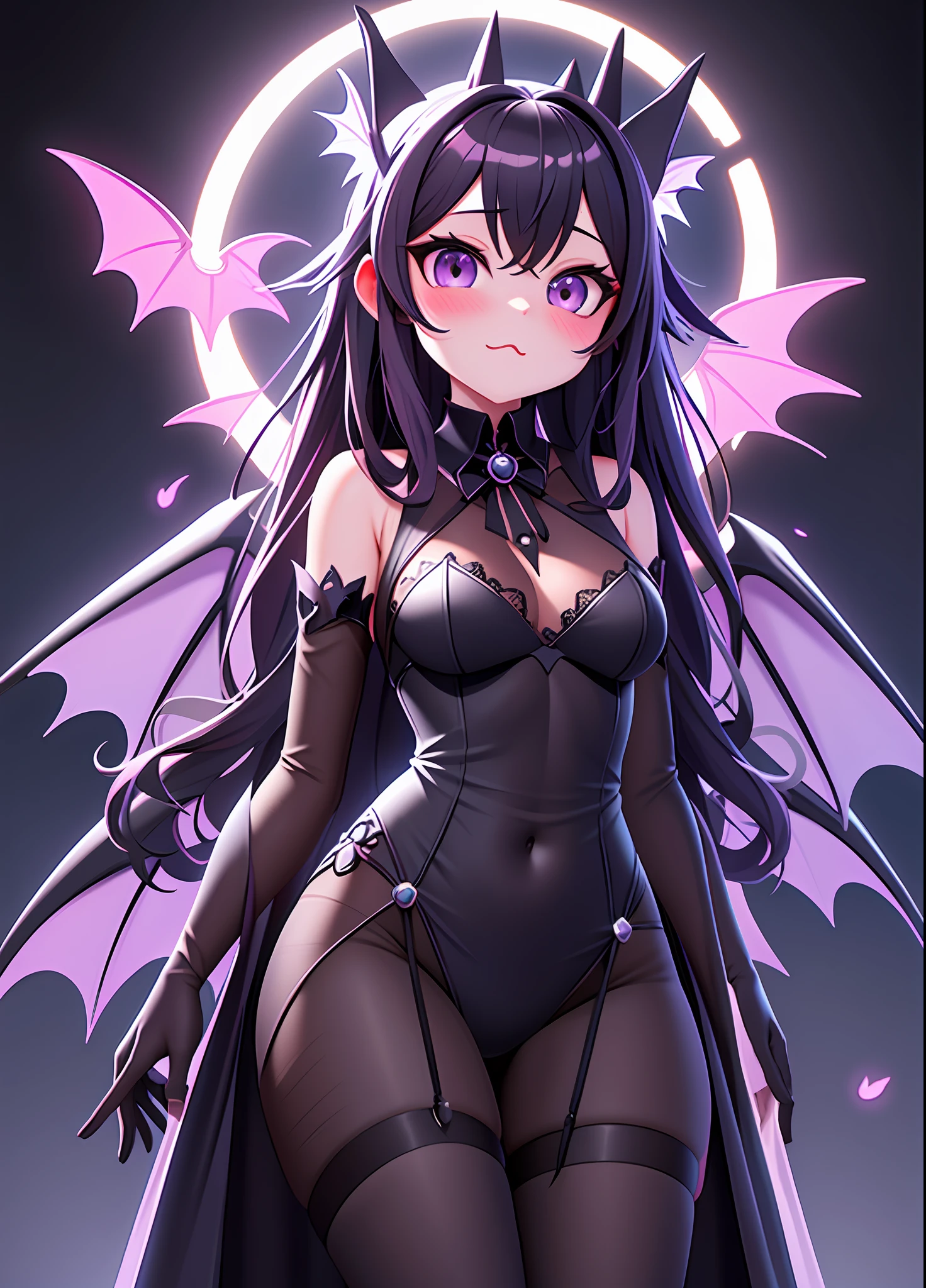 bat anthropomorphic, kawaii style, translucent angel wings, wearing black and purple evening dress with long stockings and long gloves, Angel of Transformation and Metaphysics, Masterpiece, Best Quality