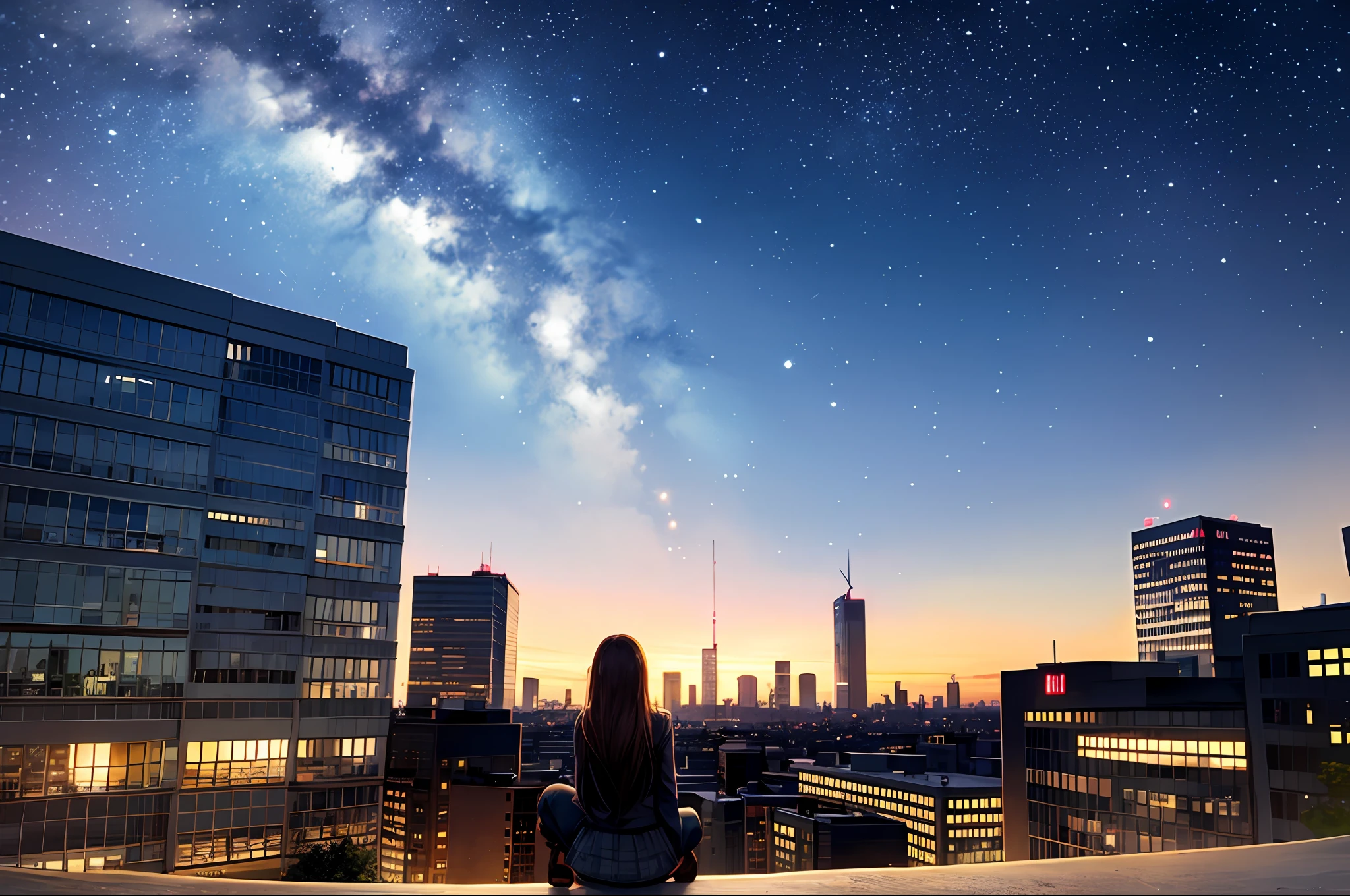 octans, sky, star (sky), scenery, starry sky, night, 1girl, night sky, solo, outdoors, signature, building, cloud, milky way, sitting, tree, long hair, city, silhouette, cityscape