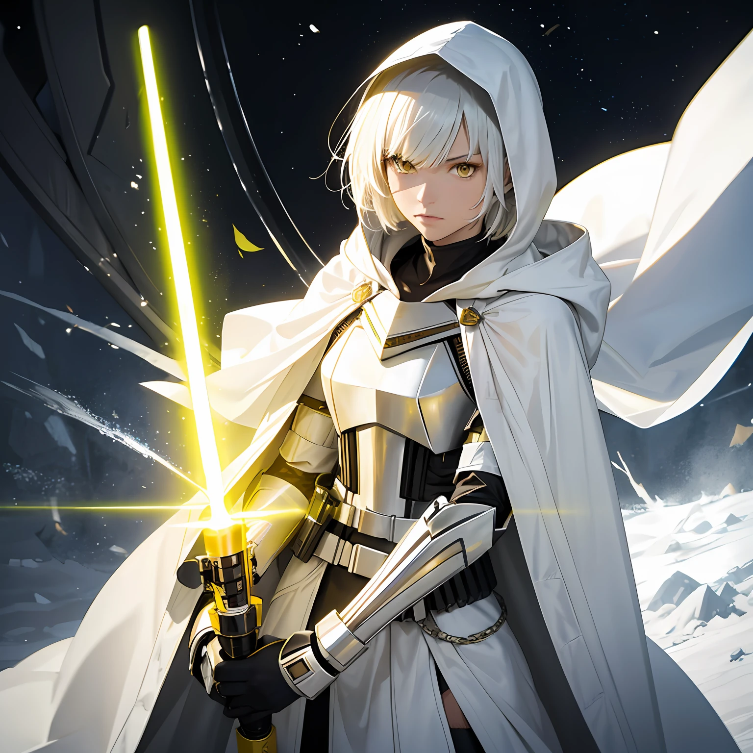 Yellow lightsaber in hand, short hair, serious face, combat attire, white hair, yellow eyes, full white metal armor, android, human appearance, adult female, dress cape, hooded robe --auto