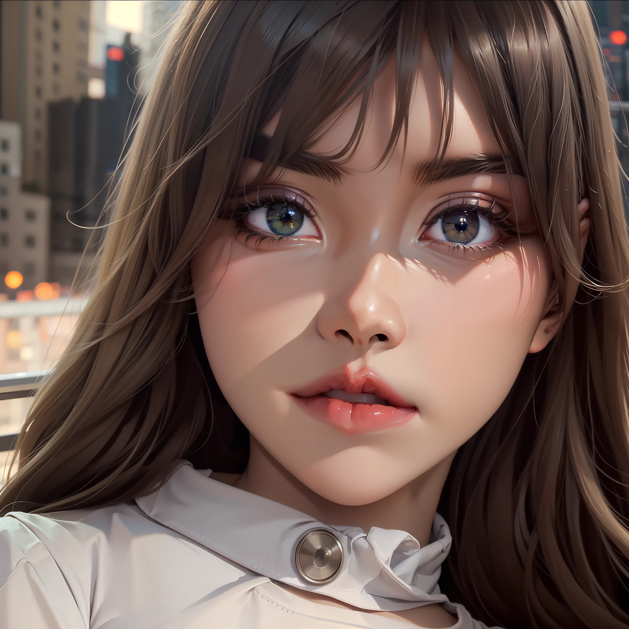 ((Midnight, Best quality, 8k, Masterpiece :1.3)), Whole body, Long legs, Sharp focus :1.2, A pretty woman with perfect figure :1.4, Slender abs :1.1, ((Dark brown hair, Big breasts :1.2)), (White tight tshirt, Jean bib, Standing:1.2), ((Night city view, Rooftop:1.3)), Highly detailed face and skin texture, Detailed eyes, Double eyelid