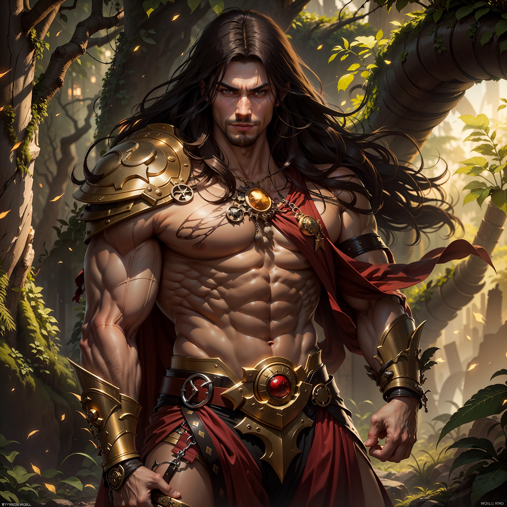 male focus, solo, (((whole body))), ((muscular)), (long brown hair), wielding sword, large, masculine, fantasy, realistic face, realistic eyes, (detailed facial features), wearing a scarlet red loincloth), gold amulet and gold armbands, dramatic pose, (grim smile), looking at viewer, alien jungle setting, particle effects, cinematic lighting, tyndall effect, raytracing,