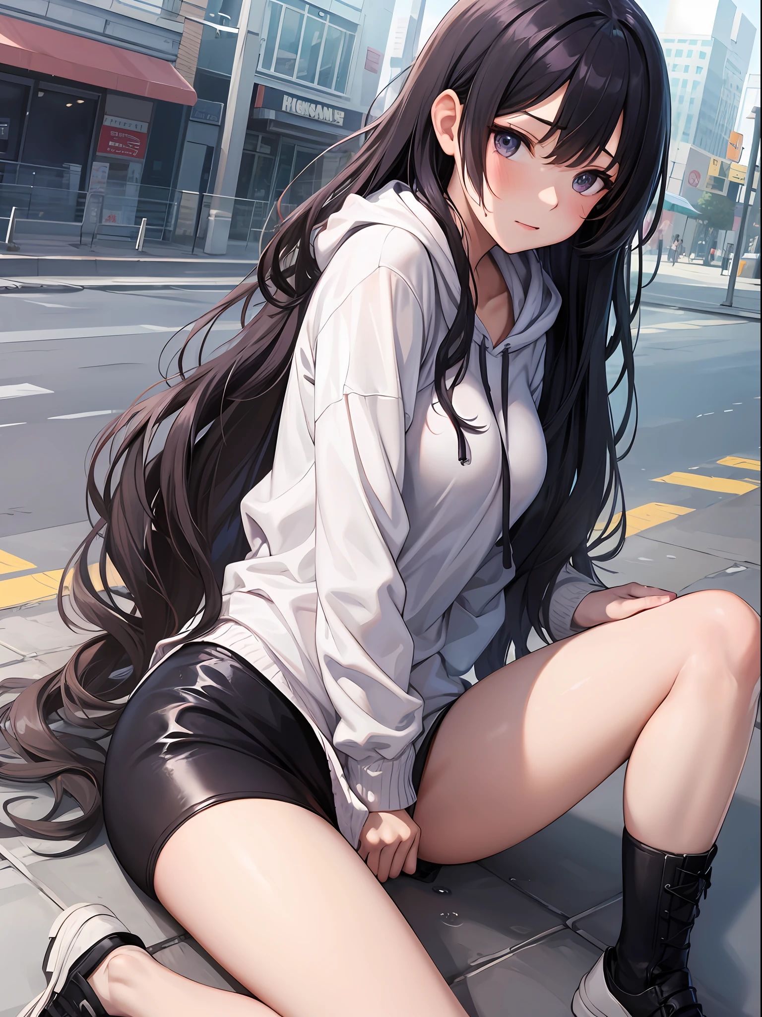 NSFW, masutepiece, Best quality, hyper HD, Top resolution, Very detailed, Professional lighting, Clean skin, Anime, One girl, Sit on the ground, raising her legs, Slender, Very cute, girl, middlebreast, Black hair, semi long hair, Hairy ribs, Wet clothes, clothes tug, Oversized clothes, Hoodie, Naked hoodie, Sweater labels, Wind, No panties, Subtle panty shot, pantyshot