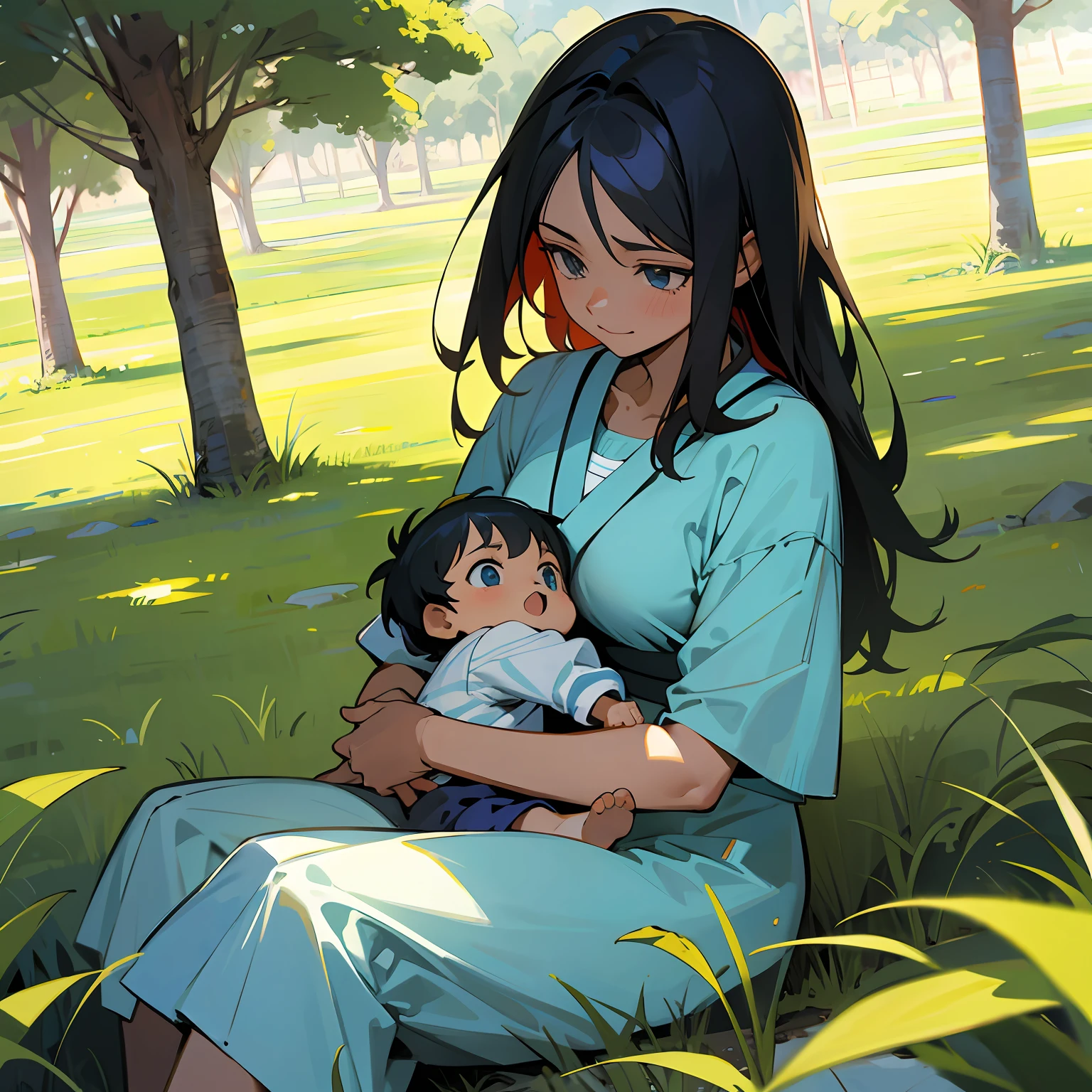 dsenho linear, estilo anime, cartoon, Mother holding child in her lap, desenho colorido, ambiente de campo --auto