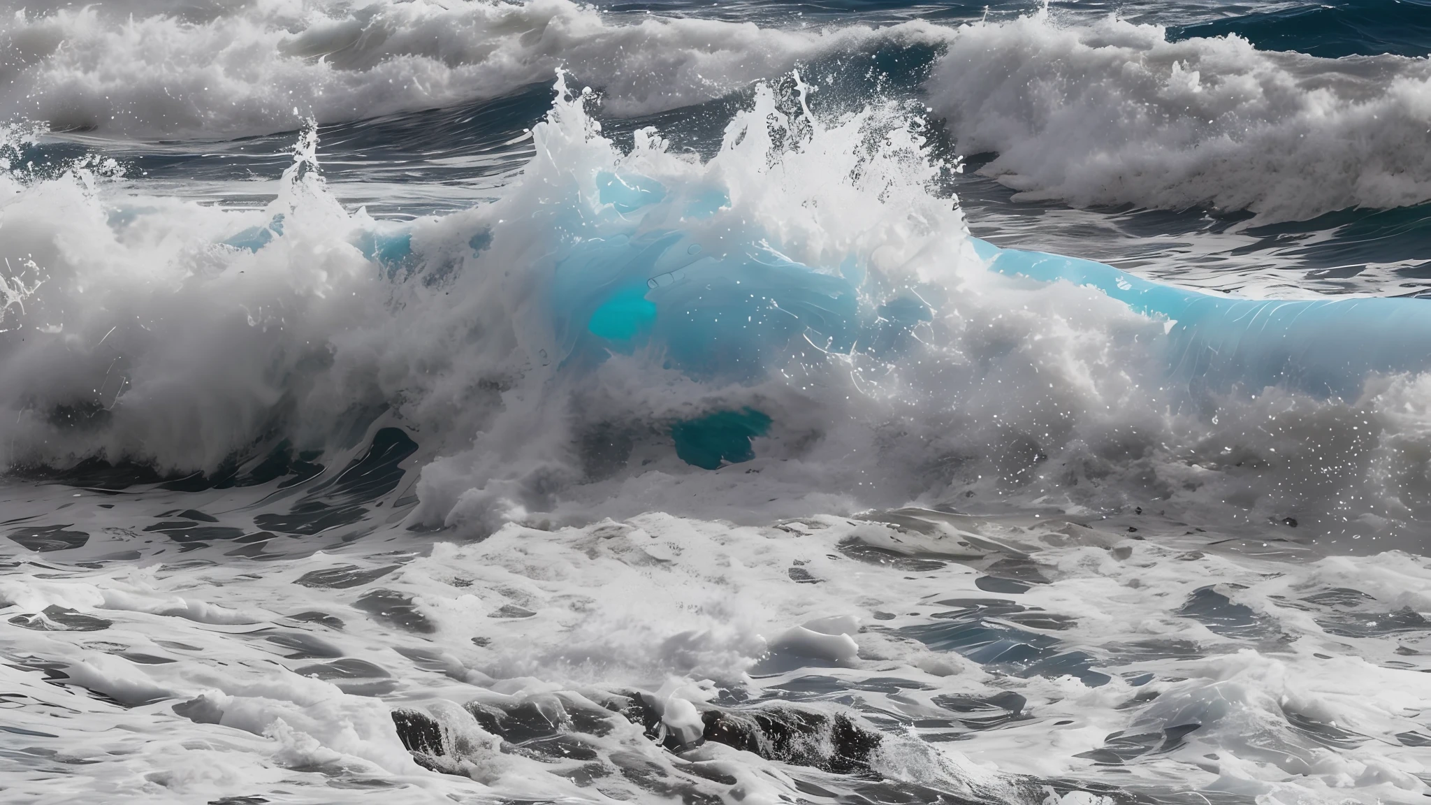 There is a wave crashing on the beach with a blue sky, ondas azuis de choque, azure waves of water, ondas fortes e espuma do mar, ondas espumantes, ondas e respingos, ondas rasteiras e espuma marinha, ondas turbulentas, Tormento e ondas, quebra de onda, onda grande e espuma, ondas quebrando, ondas batendo no mar, spray marinho, espuma do mar