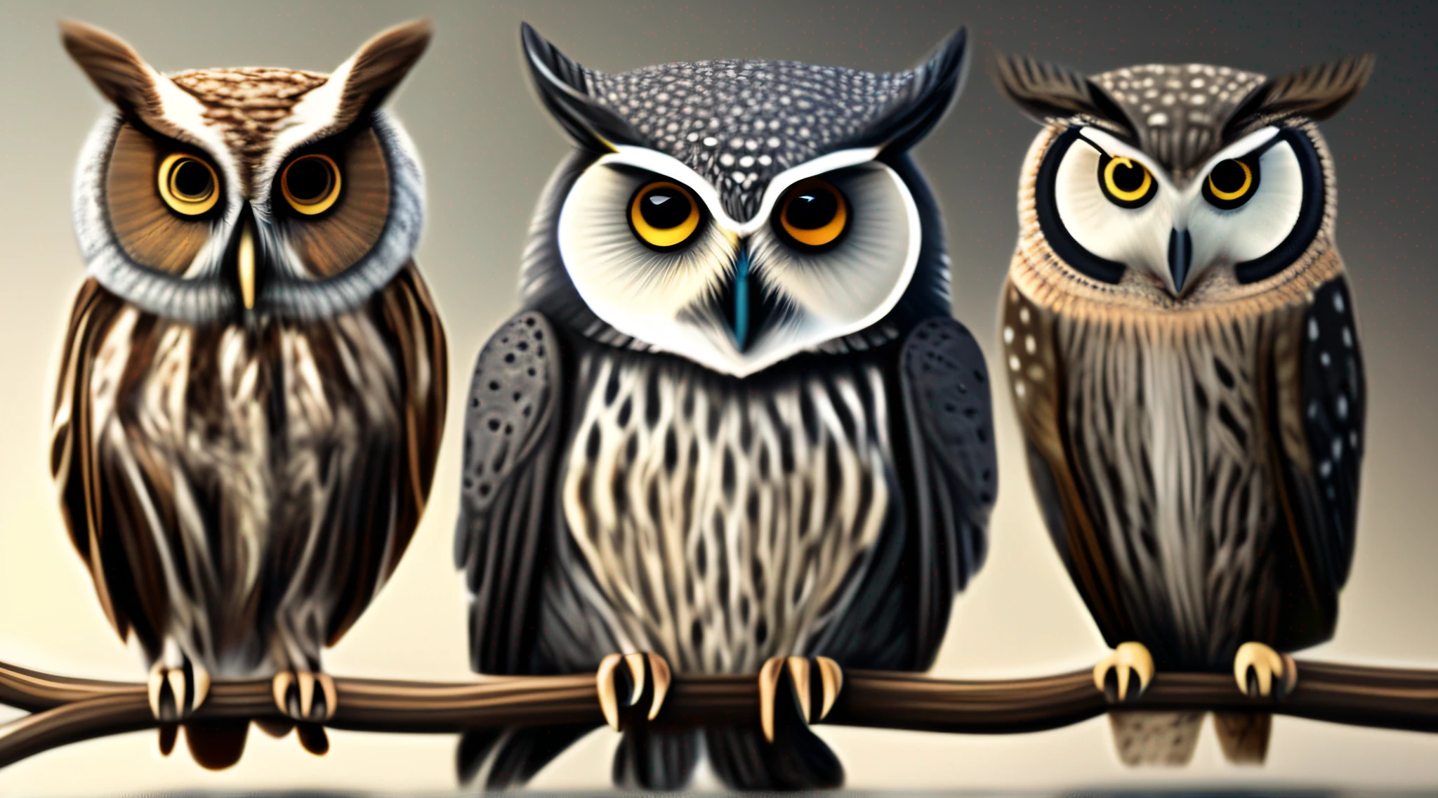 Realistic image of various owls highly detailed illustration, HD, 4k
