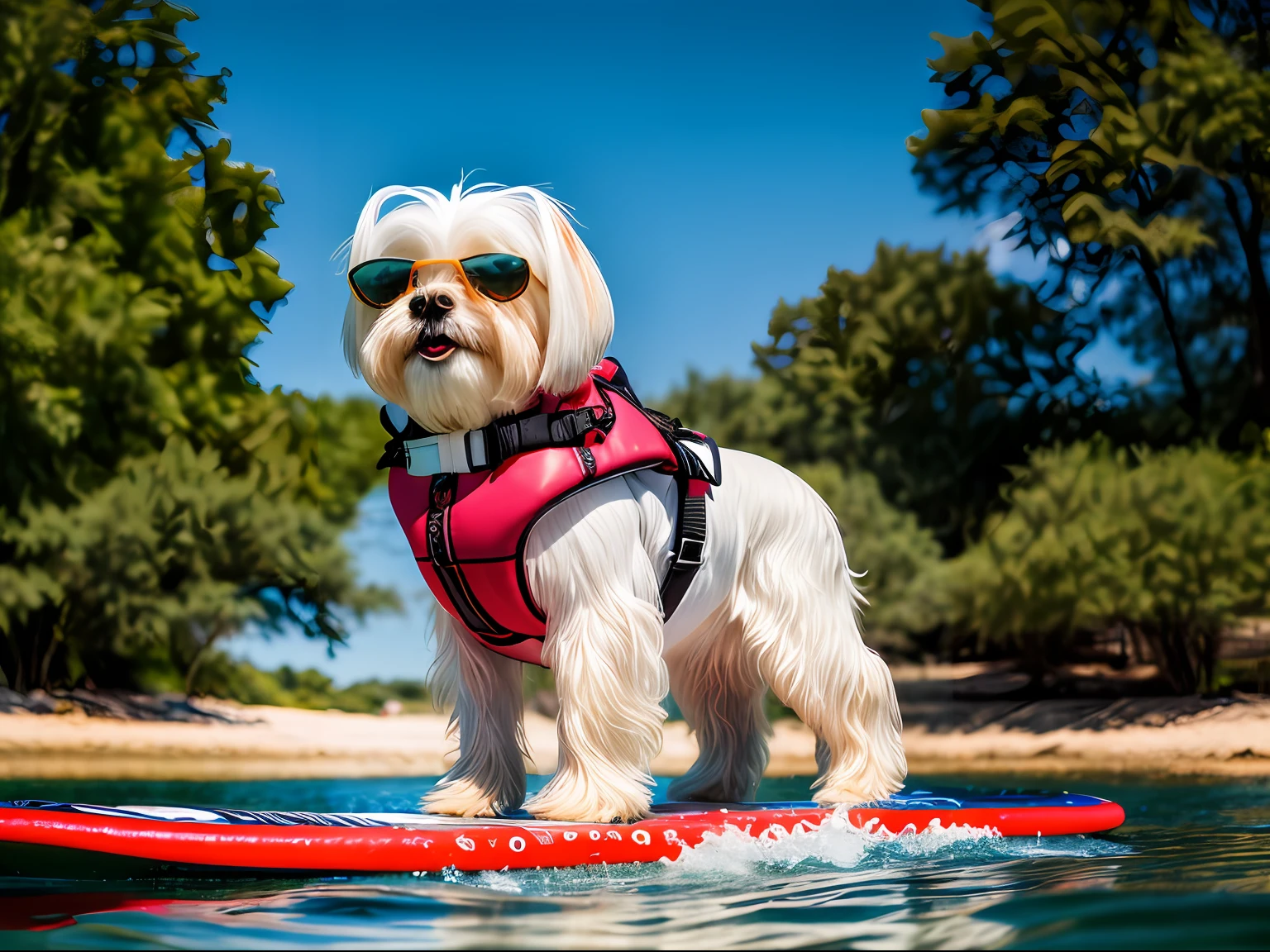 Generate a high-quality, realistic photo of a (Maltese dog) standing on stand up paddle board and swimming at the lake, wearing life jacket, sunglasses, realistic, 8k, extreme detailed photography, action perspective, dynamic shot, cinematic, depth of field, masterpiece photography, dog solo portrait