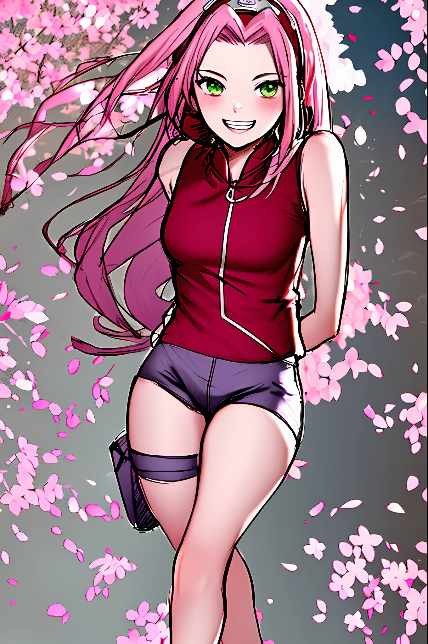sakura haruno, Naruto \(Series\),( Legs,Bare legs,Thighs:1.2), 1girll, Blue headband, Cherry blossoms, Green eyes, grin, hair intakes, Headband, Jacket, Long hair, view the viewer, Pink hair, Red jacket, Sketch, Sleeveless, sleeveless jacket, Small breasts, Smile, Solo, Portrait , ((Masterpiece)),