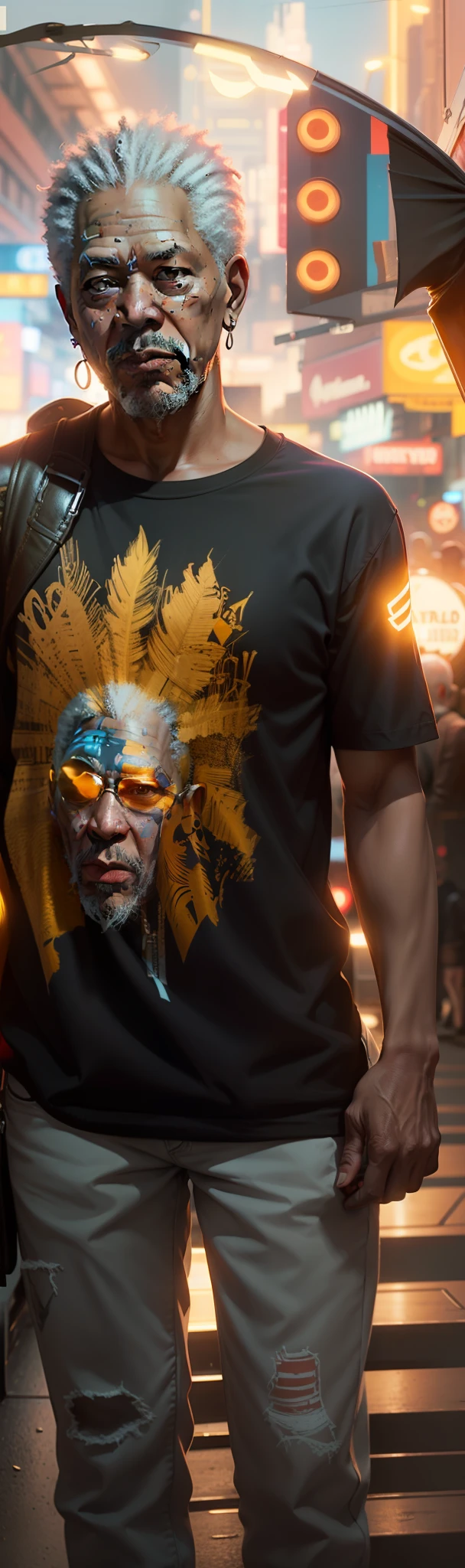 a painting of a (Morgan Freeman), background, style of cyberpunk 2077, band of gold round his breasts