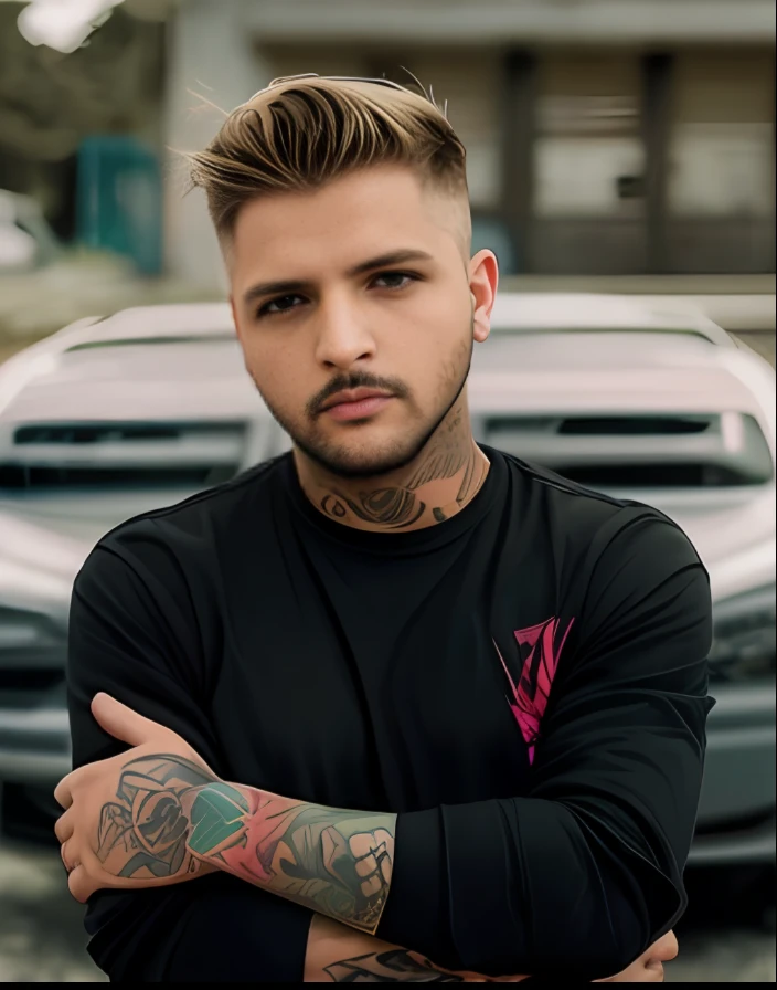 A closeup of a man with a tattooed arm and a black shirt, Estilo de Seb McKinnon, ele tem cabelos grisalhos escuros, cabelos e barba prateados, homem de cabelos grisalhos escuros, Marcos Ariano, usando cabelos prateados, com tatuagens, inspirado por Cam Sykes, sorriso arrogante, Josh Grover, Nico Delort, No estilo Jordan Grimmer, christian cline --auto