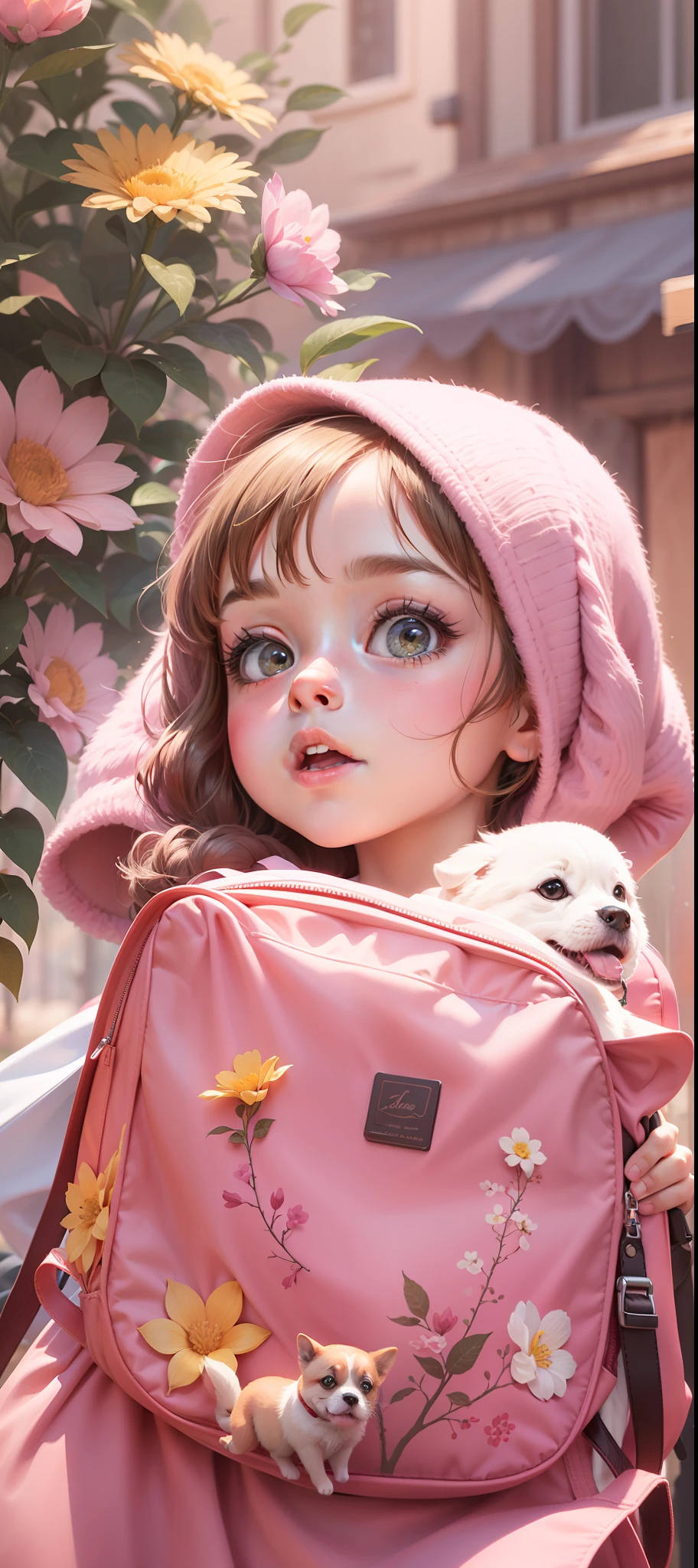 Prompt: An incredibly charming little girl carrying a backpack, accompanied by her adorable puppy, enjoying a lovely spring outing surrounded by beautiful yellow flowers and natural scenery. The illustration is in high definition at 4k resolution, with highly-detailed facial features and cartoon-style visuals.