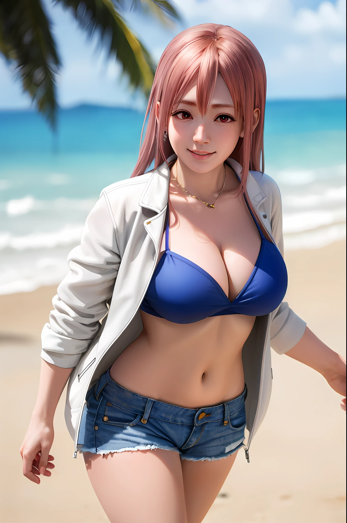 honoka, jean shorts, bikini top, beach, white jacket