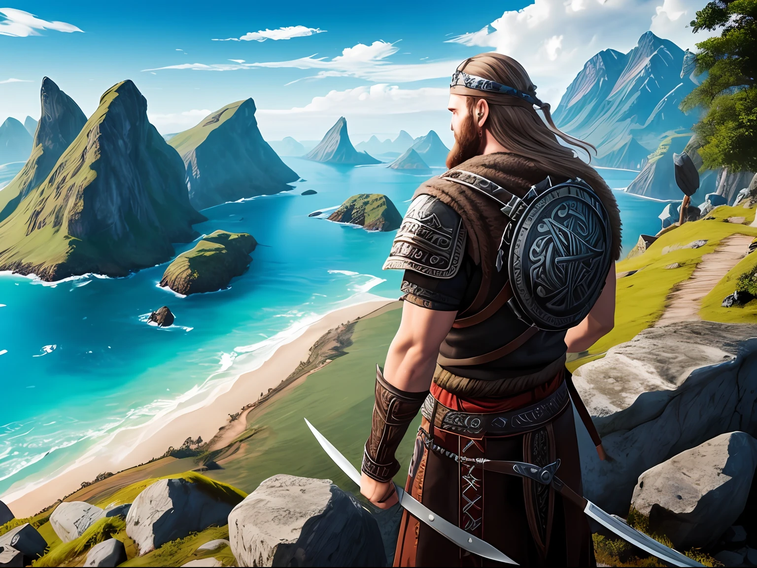 Uma paisagem viking com uma pulseira de metal viking, hiper realista, 8k, --ar 4:2 --auto