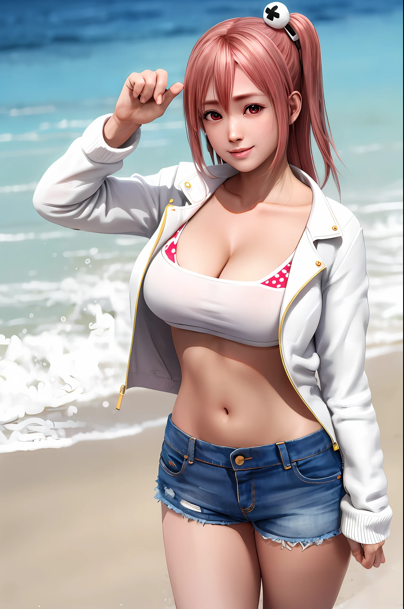 honoka, jean shorts, bikini top, beach, white jacket