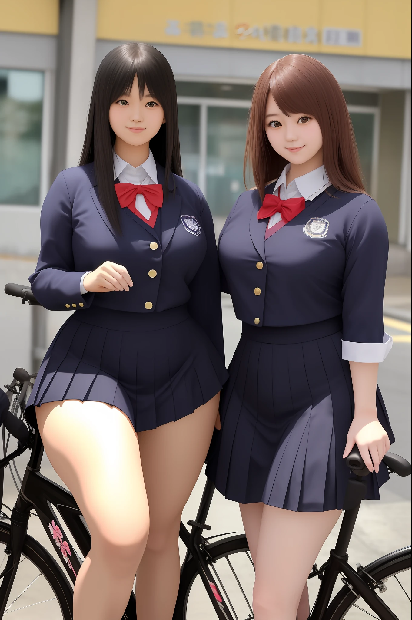 two women in school uniforms posing for a picture in front of a bike, two japanese schoolgirls posing, large thighs, wide hips, thick legs, round thighs, japanese school uniform, thick thighs, dressed as schoolgirl, wearing japanese school uniform, thick thigs, widest hips