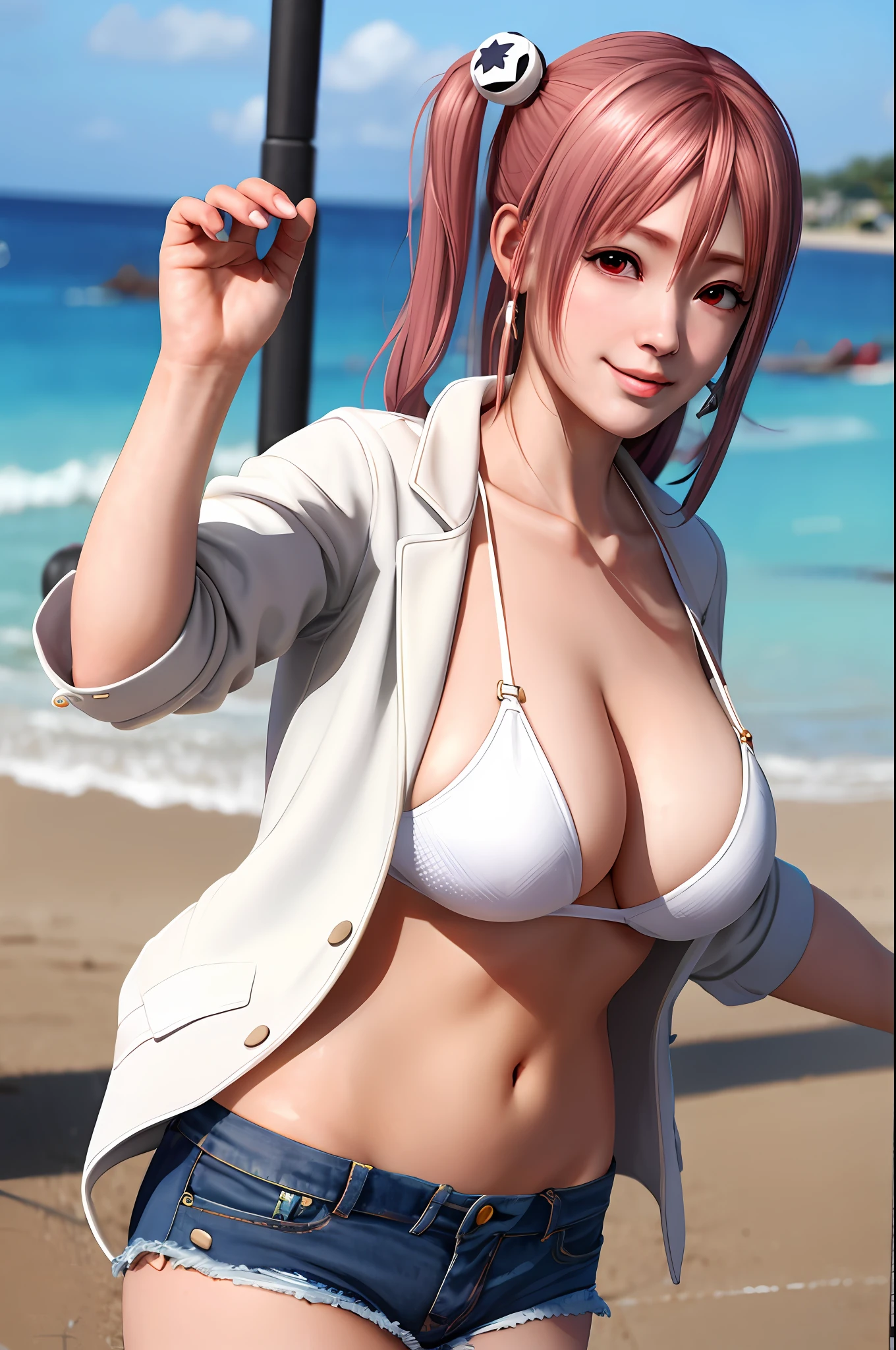 honoka, jean shorts, bikini top, beach, white jacket