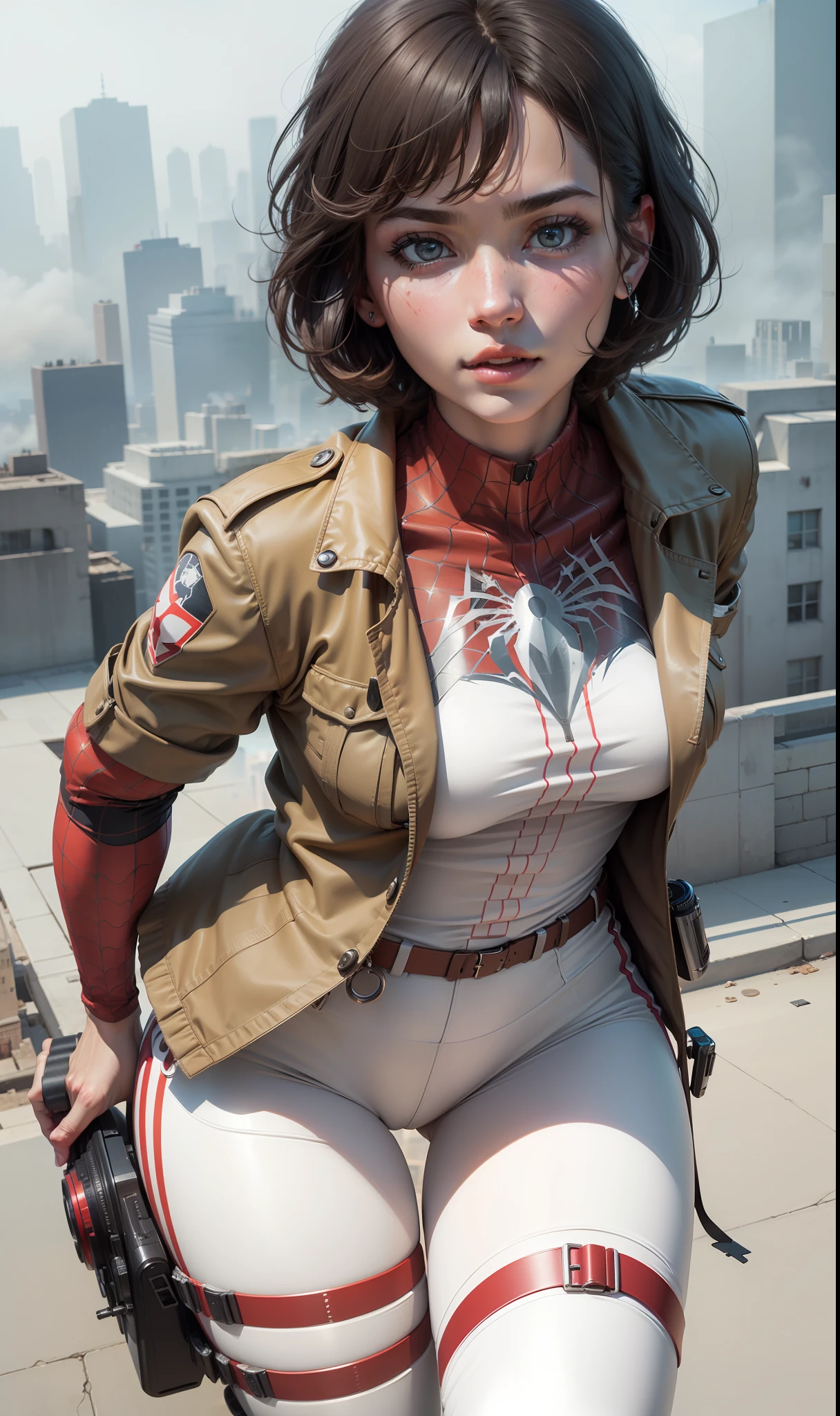 (1girl:1.3), Solo, (((Very detailed face)))), ((Very detailed eyes and face)))), Beautiful detail eyes, Body parts__, Official art, Unified 8k wallpaper, Super detailed, beautiful and beautiful, beautiful, masterpiece, best quality, original, masterpiece, super fine photo, best quality, super high resolution, realistic realism, sunlight, full body portrait, amazing beauty, dynamic pose, delicate face, vibrant eyes, (from the front), She wears Spider-Man suit, red and black color scheme, spider, very detailed city roof background, rooftop, overlooking the city, detailed face, detailed complex busy background, messy, gorgeous, milky white, highly detailed skin, realistic skin details, visible pores, clear focus, volumetric fog, 8k uhd, DSLR, high quality, film grain, fair skin, photo realism, lomography, futuristic dystopian megalopolis, translucent