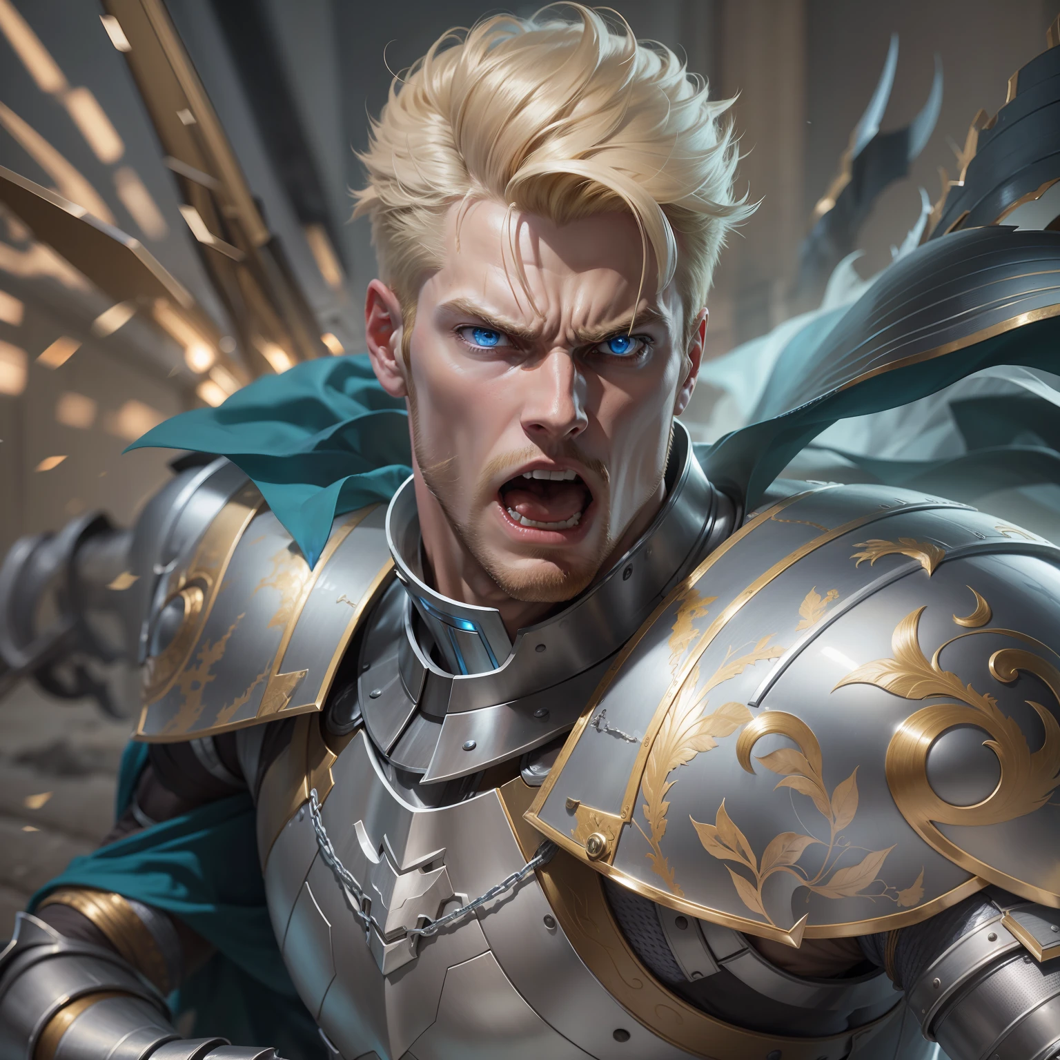 realistic image of a blond man with short hair, 30 years old, tall, strong, ultra-detailed blue eyes, furious expression, dressed in a suit of silver armor and golden shoulder pads, running in attack in an action scene