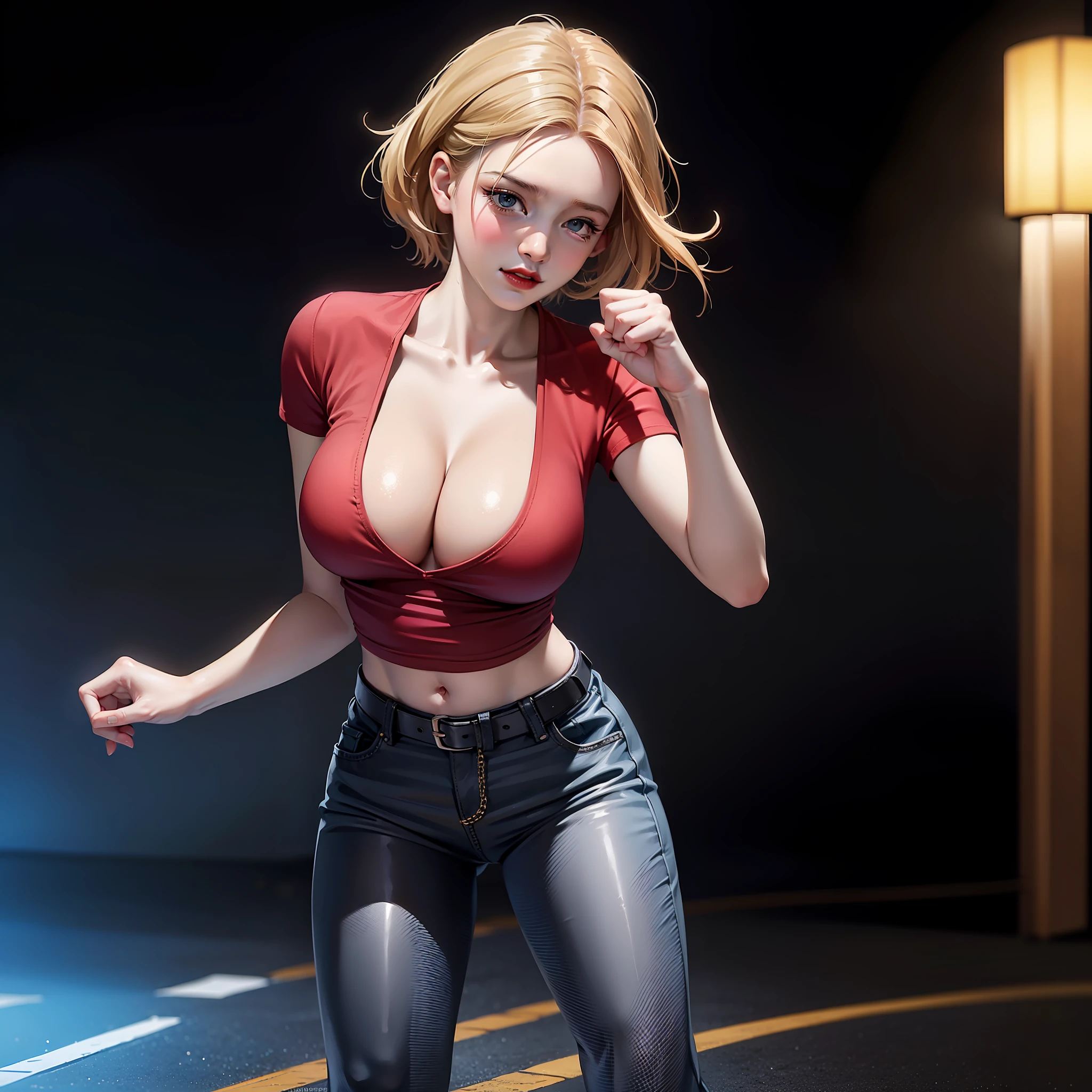 (by artist Aliza Razell:1.0), in city,Streets,1girll, Solo,Smile,, 1girll, Solo, Marikov,1girll, Solo, Short hair, Blonde hair, Blue eyes, gigantic cleavage breasts,Forehead, parted hair,Red shirt(Sleeveless),belt, Tight fitting shirts, Crop top, navel, Blue gloves, baggy pants, Pants,Absolute field,dramatic lights,view the viewer, Fighting stance, (hold fists),Firm expression,full bodyesbian,Unity 8k wallpaper,Ultra detailed,Beautiful and aesthetic,Beautiful,Masterpiece,Best quality,More poses