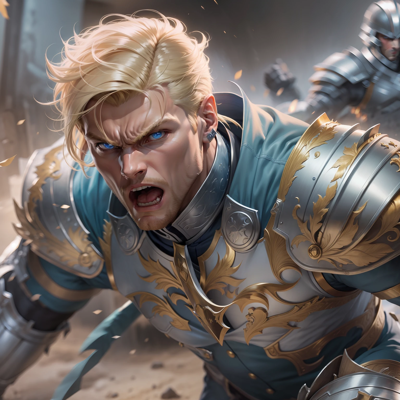 realistic image of a blond man with short hair, 30 years old, tall, strong, ultra-detailed blue eyes, furious expression, dressed in a suit of silver armor and golden shoulder pads, running in attack in an action scene