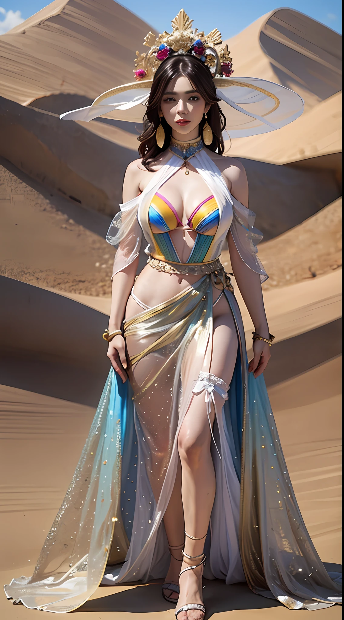 create Mariana Davalos in Full body photography of the most beautiful artwork in the world, a beautiful woman in intricate costume burning in the desert, rainbow colors, ArtStation, CGSociety, complex, high detail, clear focus, dramatic, realistic pictorial art trends Greg Rutkovsky