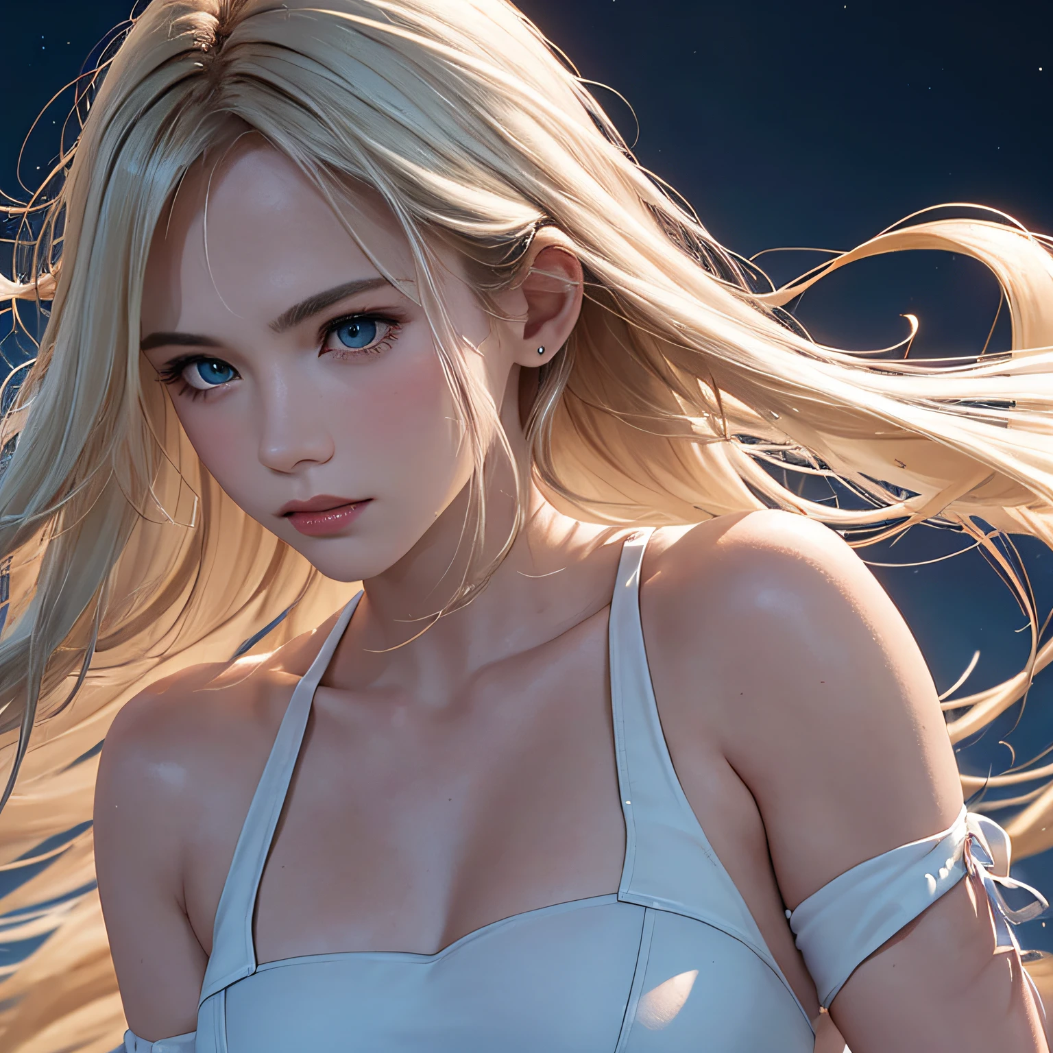 (8K, RAW Photos, of the highest quality, Masterpieces: 1.2), (Realistic, Photorealistic: 1.37), Highest Quality, Ultra High Resolution, light leaks, Dynamic lighting, Slim and smooth skin, (Full body:1.3), (Soft Saturation: 1.6), (Fair skin: 1.2), (Glossy skin: 1.1), Oiled skin, 22 years old, Night, shiny white blonde, Well-formed, Hair fluttering in the wind, Close-up shot of face only, Physically Based Rendering, From multiple angles