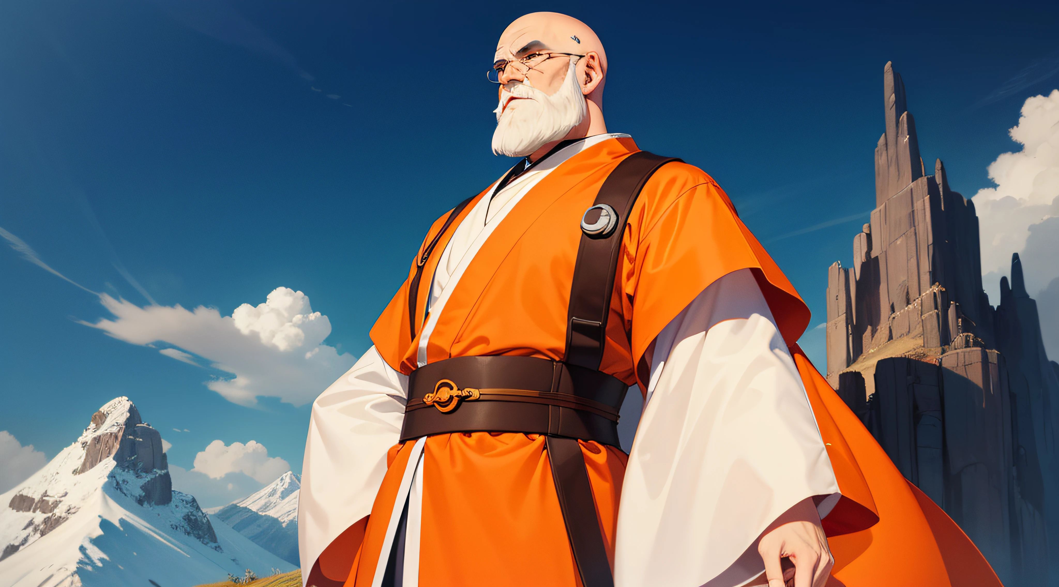 Wise monk, old man, bald, with a big white beard, zen, friendly. Wearing orange clothes. On top of a mountain, observing the entire landscape around you. 2D, anime style, studios ghibli style