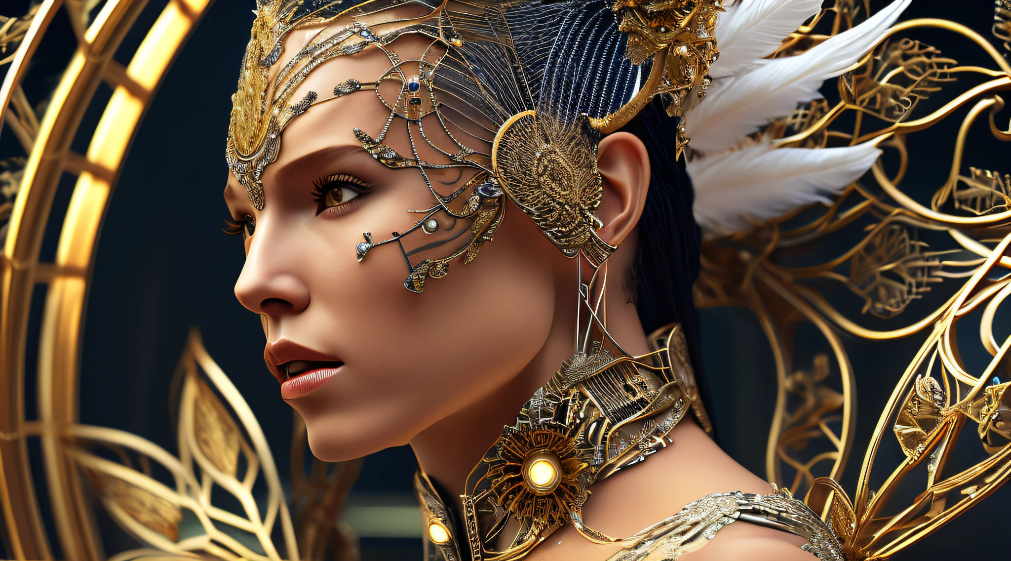 Complex 3 d render of a beautiful fascinating biomechanical female cyborg with a porcelain face, analog, beautiful natural light, rim light, 1 5 0 mm lens, aztec warrior, feathers, piercing, aztec tattoos, white blossoms, vanilla leaves and stems, sinuous roots, white blossoms, fine foliage lace, steampunk, silver gold filigree details, alexander mcqueen high fashion haute couture, pearl earring, art nouveau fashion embroidered, hexagonal mesh wire, mandelbrot fractal, facial muscles, cable wires, microchip, elegant, beautiful natural light, studio lights, rim light, highly detailed, hyperrealistic, sharp, octane render, h. r. giger style, volumetric lighting, 8 k post production