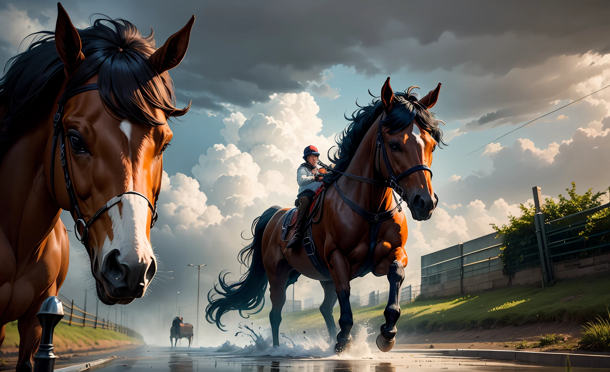 Um homem montado a cavalo, uma tempestade de chuva --auto