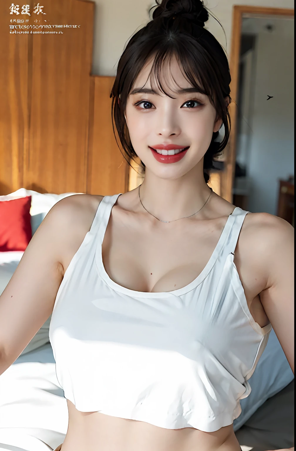 (A hyper-realistic), (illustratio), (hight resolution), (8K), (ighly detailed), (The best illustrations), (beatiful detailed eyes), (top-quality), (ultra-detailliert), (masterpiece), (wall-paper), (详细的脸), a bed、Upper body close-up,Armpit, A smile,Plump,独奏,Girl in white tank top with open chest, japanes, large full breasts, (camel's toe)、huge-breasted、Detailed, well-groomed white teeth、Ultimate Beauty、shot on the Canon EOS R 6、full of sweat、(beautiful detailed teeth)、Silver necklace、Park with sunshine、Perfect and beautiful female hands、Perfect tooth alignment、Perfect fingers、Navel dashi、Mansuji、Beautiful butt、