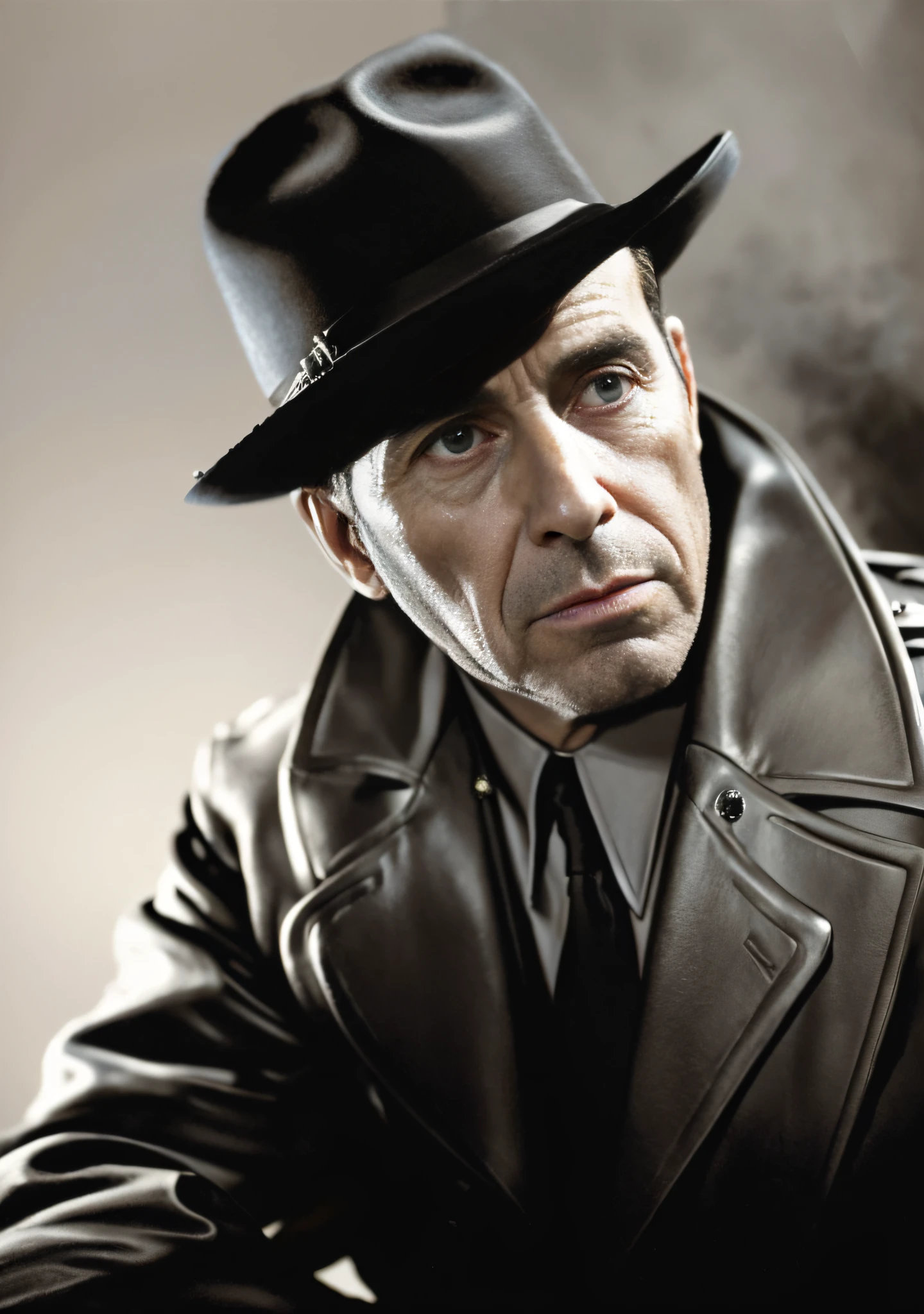 Colorful oil paint of actor Humphrey Bogart, Caravaggio style, male, detailed ultra facial features, Sharp symmetric eyes, soft skin, cinematography, extremely detailed, ultra realistic, unreal engine, photorealist, steampunk, masterpiece of mystic light light steam