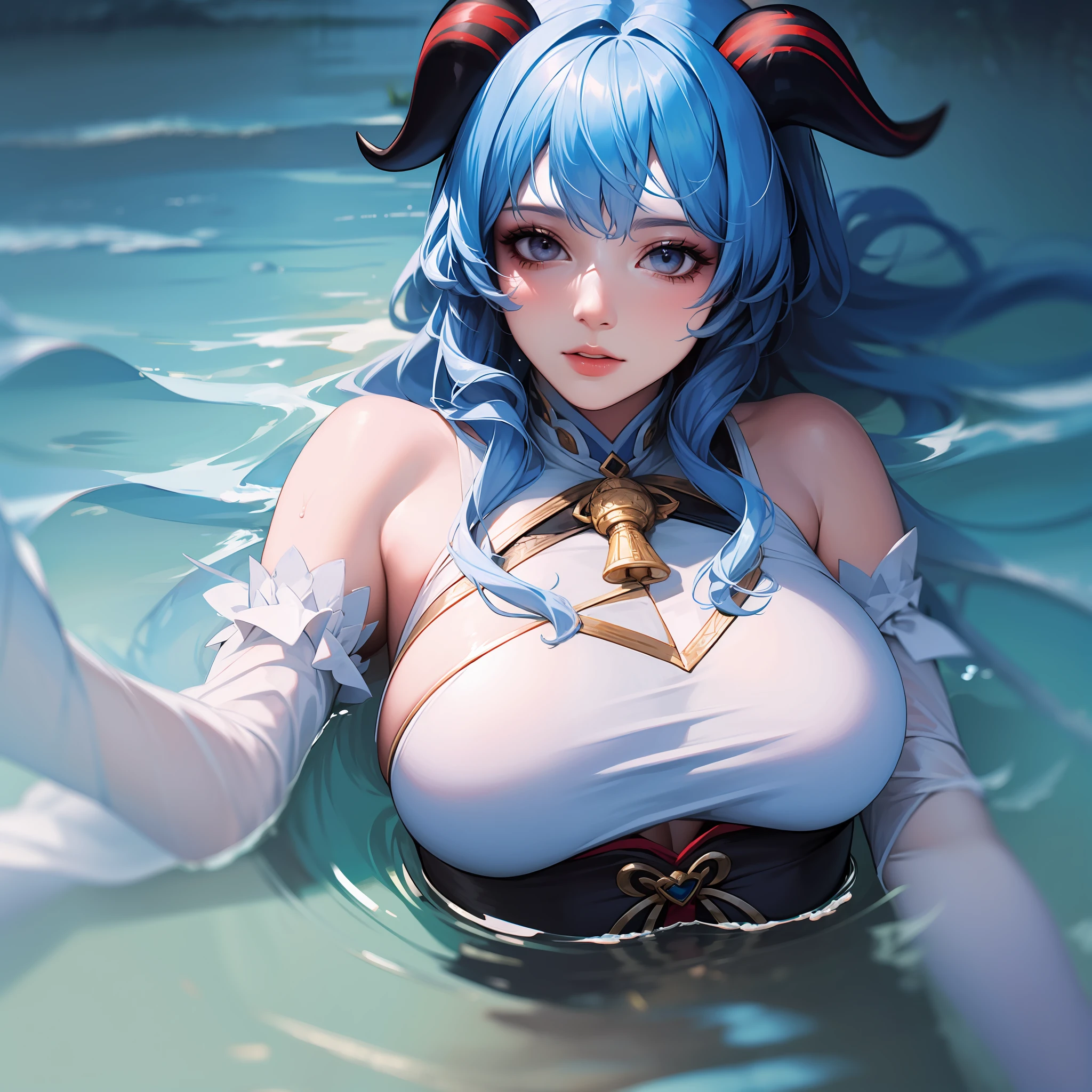photorealistic:1.49, film grain:1.49, (masterpiece), (intricate details), 1girl, solo, mature female, large breasts, ganyu, light blue hair, goat horns, white sleeves, ((white top)), half body portrait, half body, lying, lying on water, drawn, face at water, hair on water, messy hair, (best quality), looking at viewer, view from above, head on water,