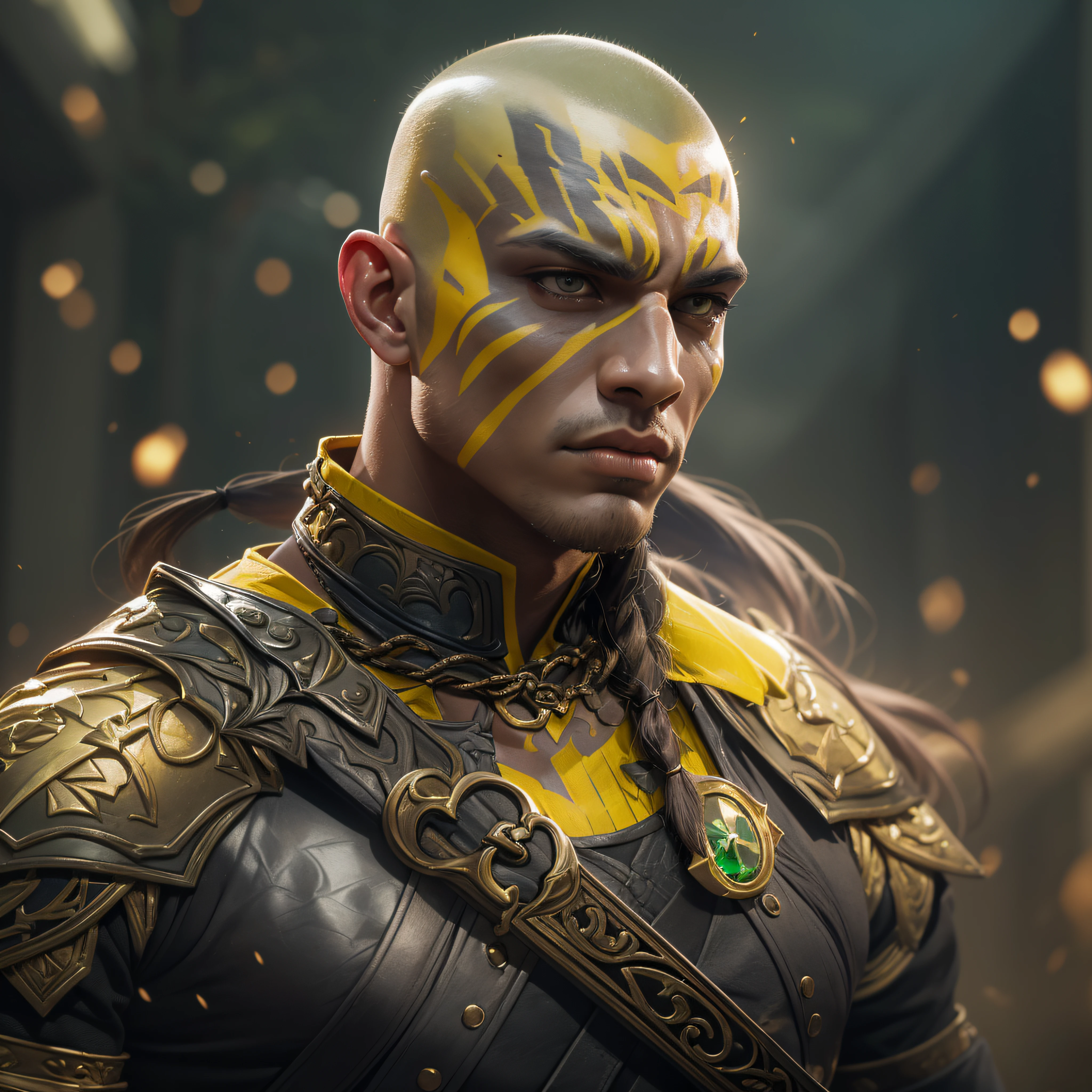 Portrait of male fantasy creature, muscular, (yellow skin:1.3), (upward pointing tusks:1.3), (shaved head with single waist-length braid:1.3), (round black eyes:1.2), wearing dove-grey shirt, bronze armor, emerald green bands, wearing belt, holding dagger, dramatic stance, grimacing, bokeh, raytracing, realistic textured skin, particle effects, depth of field