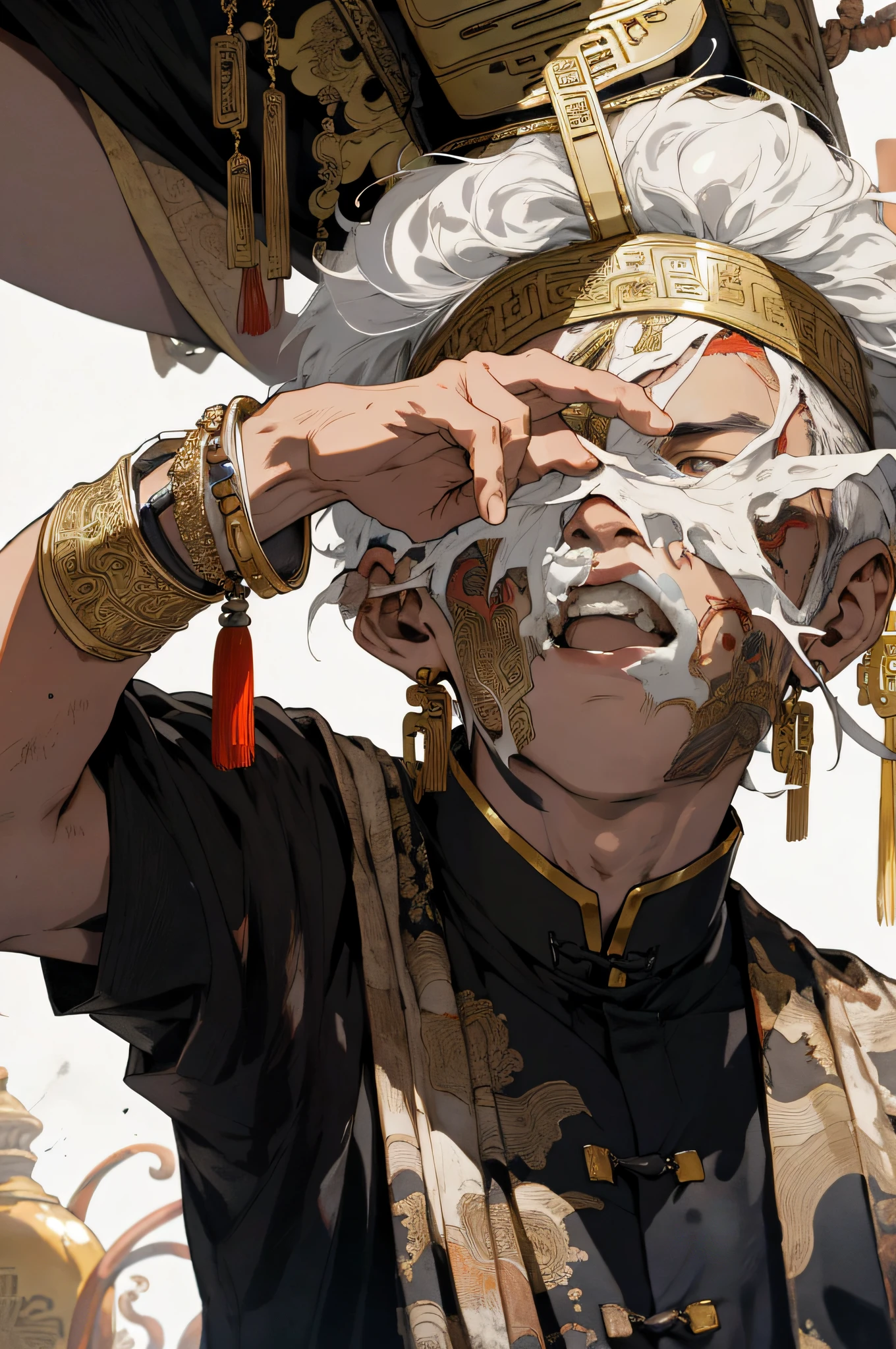 realisticlying,(tmasterpiece,top Quority,best qualtiy,offcial art,),The is very detailed,Most detailed,beggar,(1boy:1.3),hair messy,Dirty men,((Chinese style)),head gear,gold ornaments,bandagens,pharoah