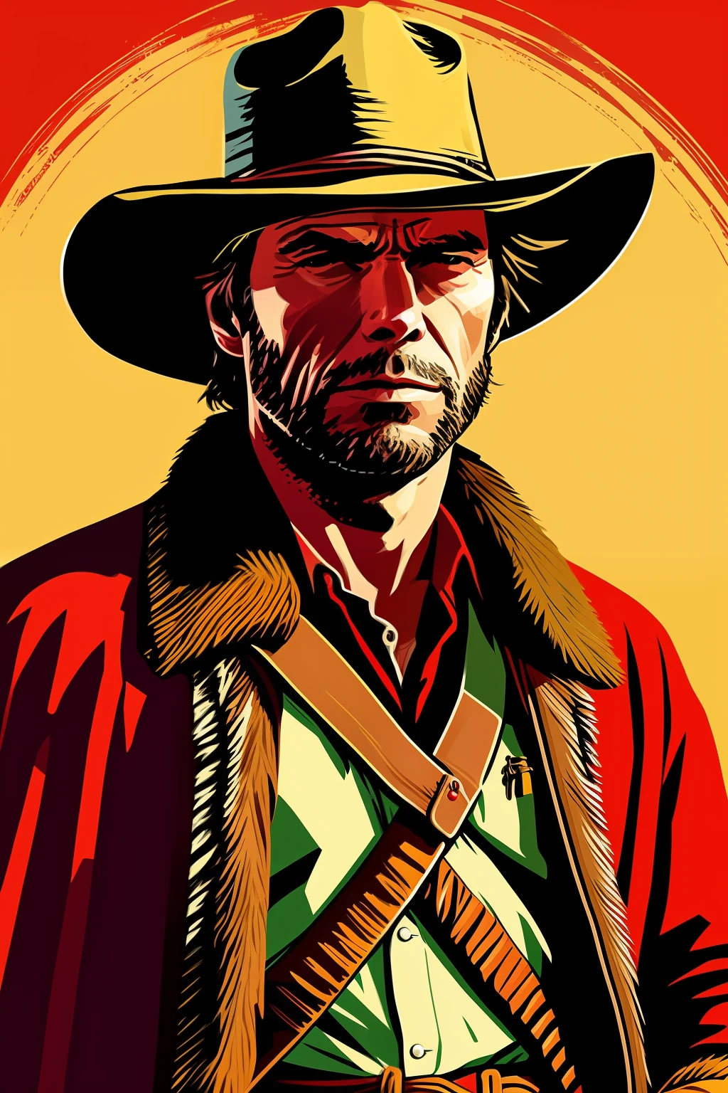 A closeup of a man wearing a Red Dead Redemption-style hat and poncho, Clint Eastwood, [ filme de faroeste ], Estilo de arte Red Dead Redemption, Red Dead Redemption poster, filme de faroeste, um retrato do personagem, # 1 pintura digital