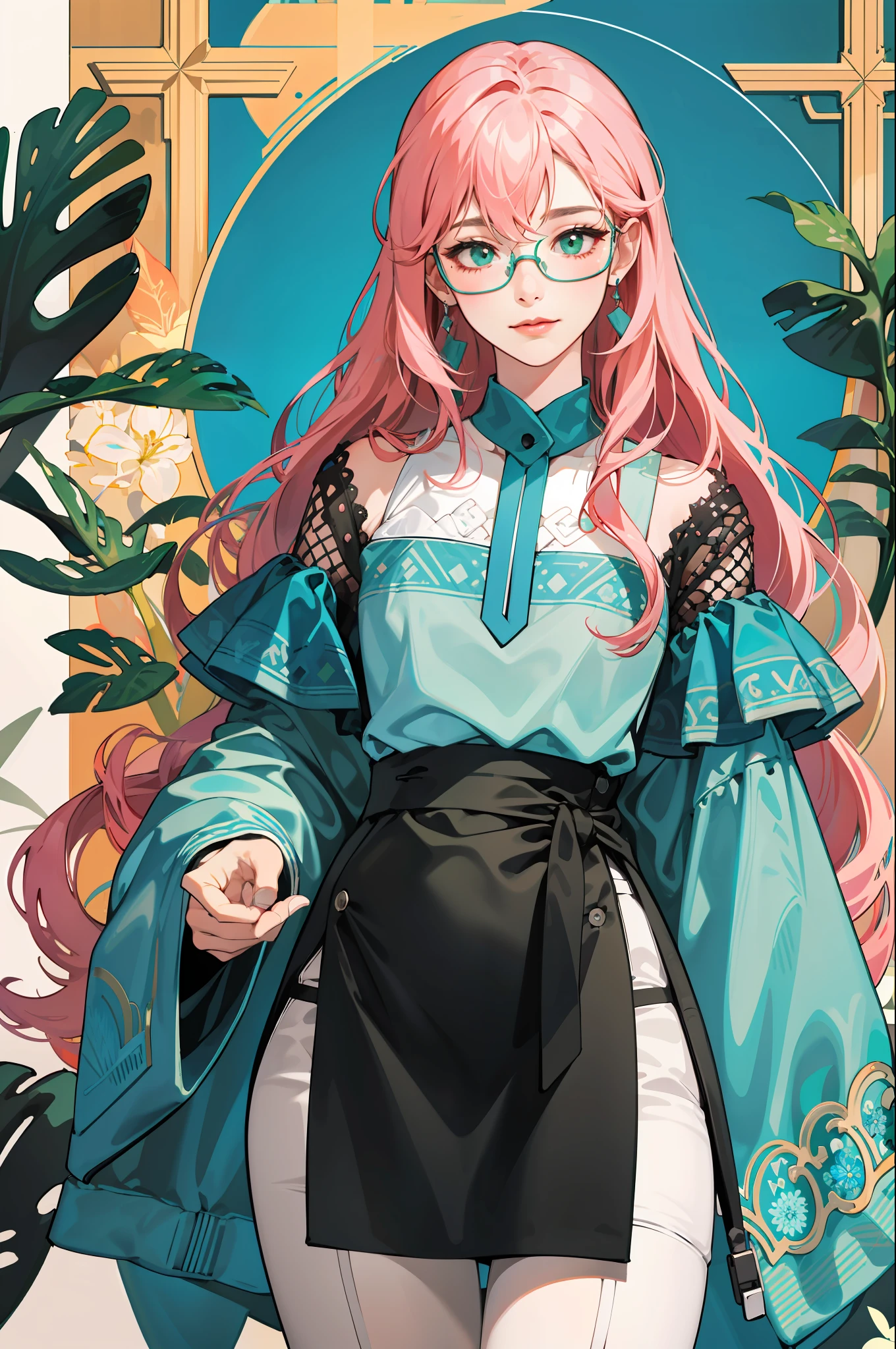 （absurderes，A high resolution，ultra - detailed），（1girl：1.4，cowboy lens），（A pink-haired，Emerald green glasses white skin，Tall figure），BREAK，color blocking，Bold contrasts，geometric shapes，flatcolors，Minimalist design，modern aesthetics，Eye-catching visuals BREAK，mosaic art，Small，Colored inlays、Intricate patterns、Tile design、Durable surface、Time-honored technology